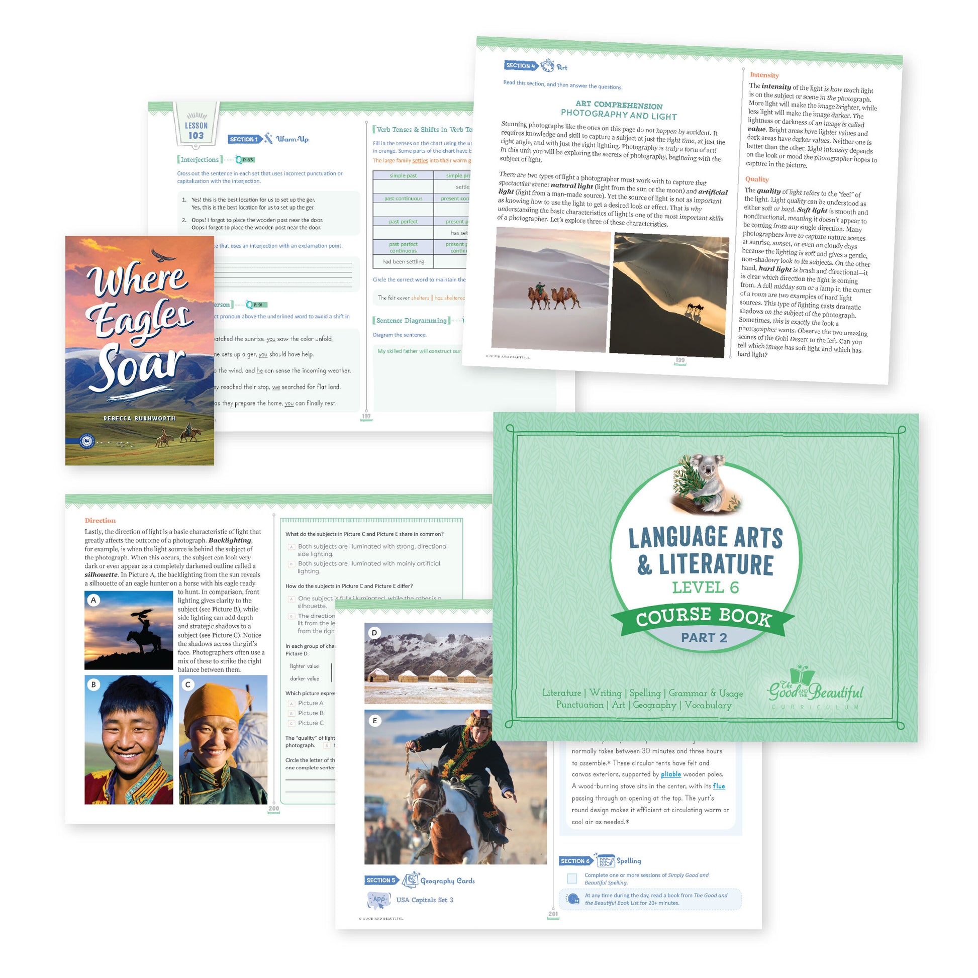 A collage of sample pages from the language arts level 6 course book also showing the cover | The Good and the Beautiful
