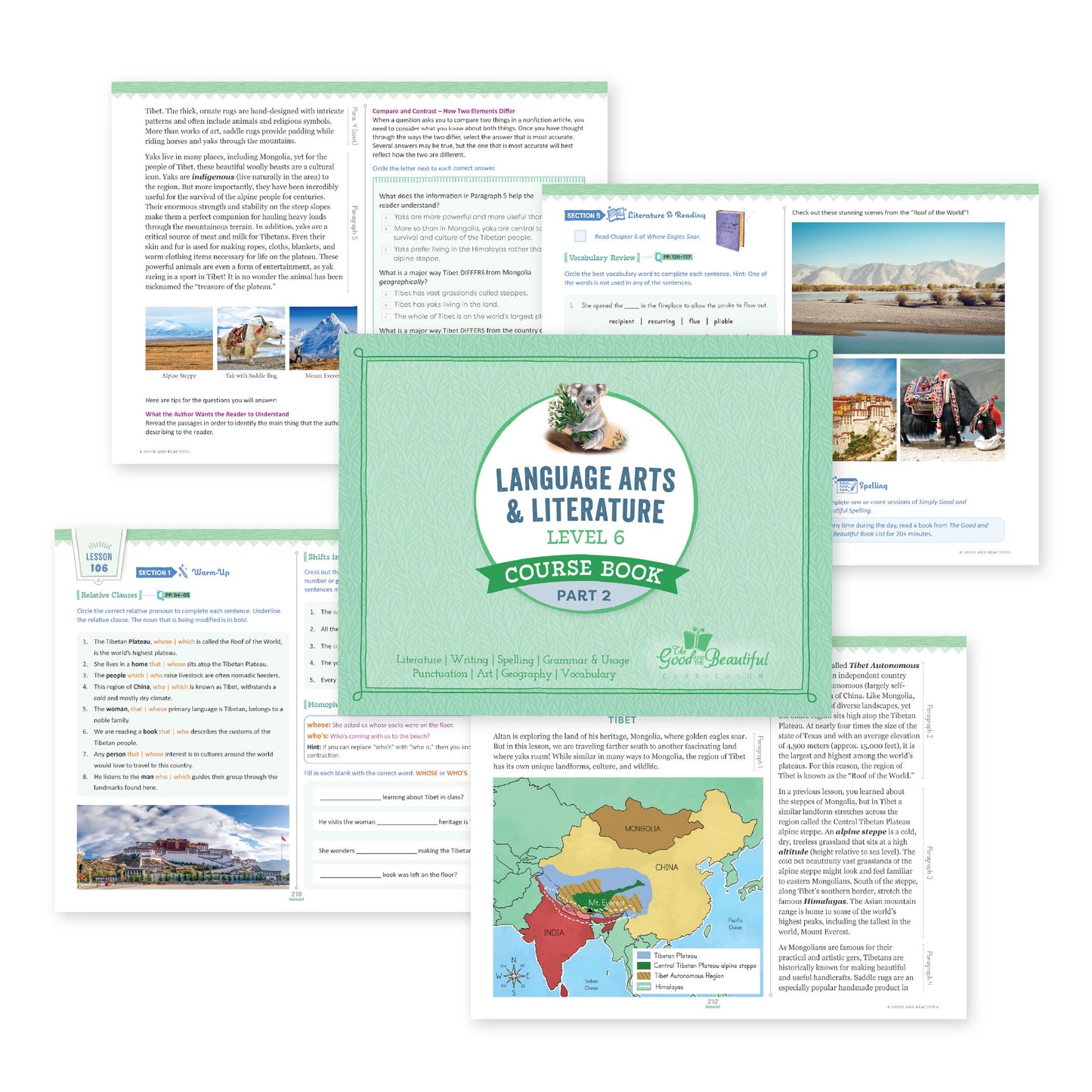 Four sample pages and the course book cover from language arts level 6 | The Good and the Beautiful