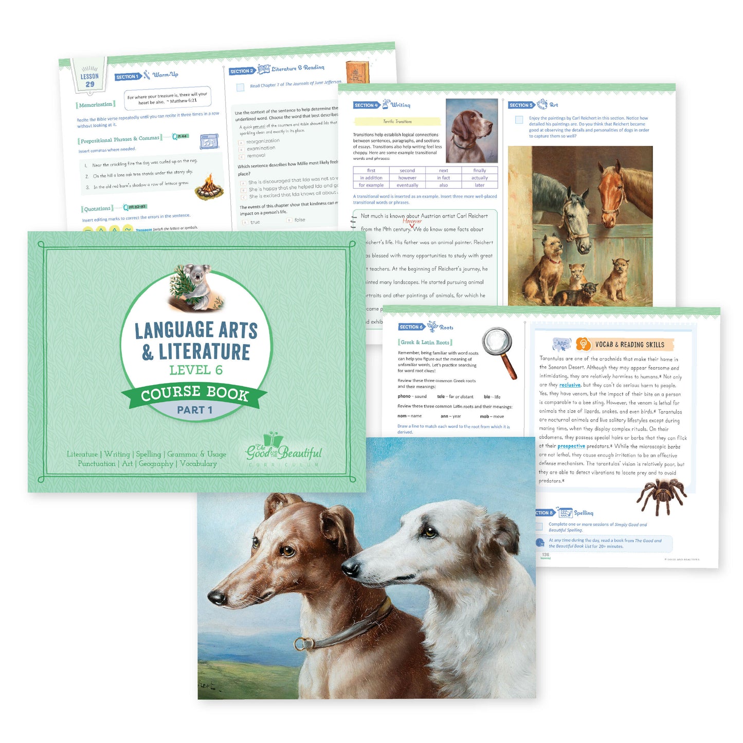 A collage of sample pages and the course book from language arts level 6 | The Good and the Beautiful