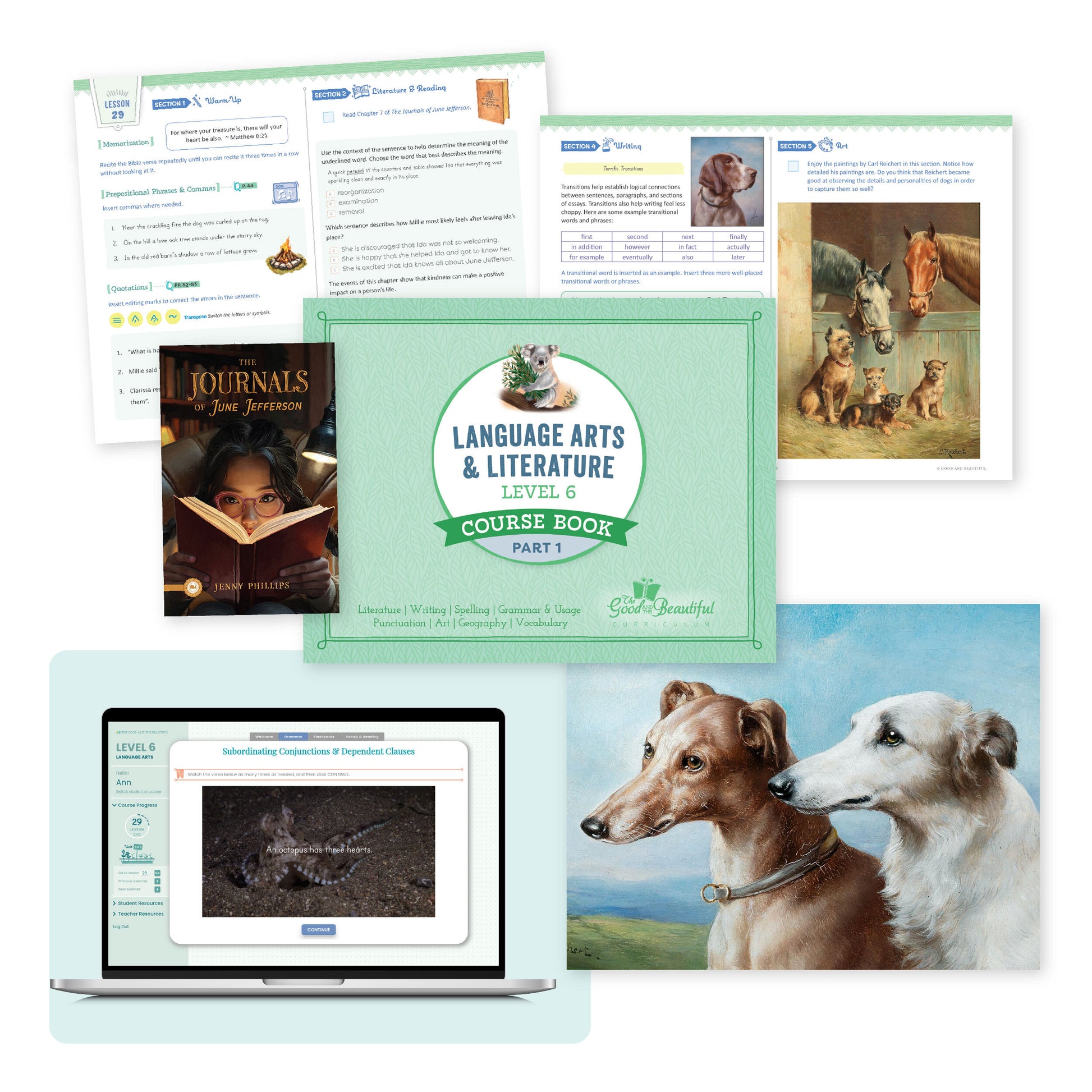 Sample pages and the cover of language arts level 6 | The Good and the Beautiful