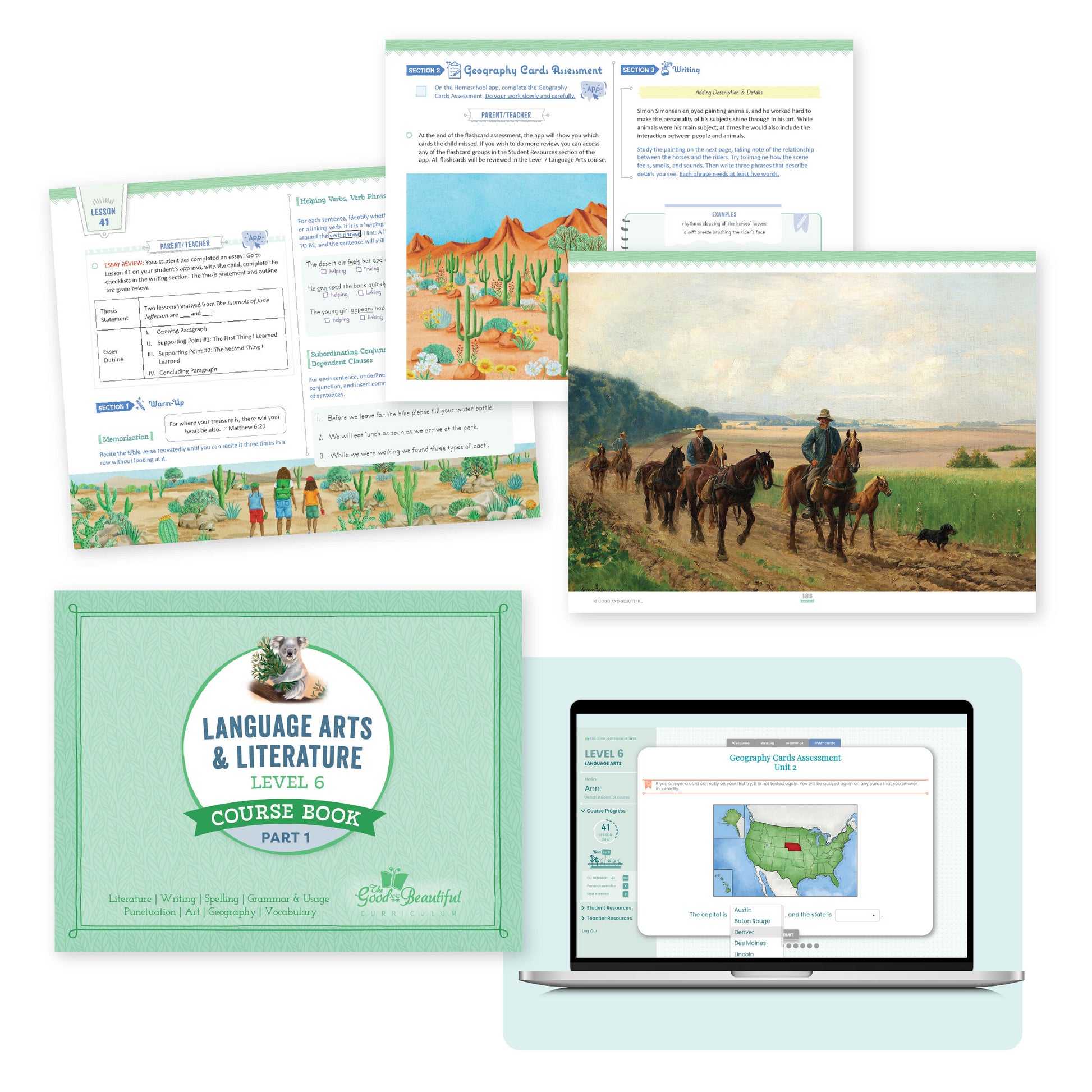Language arts level 6 course book cover with sample pages | The Good and the Beautiful