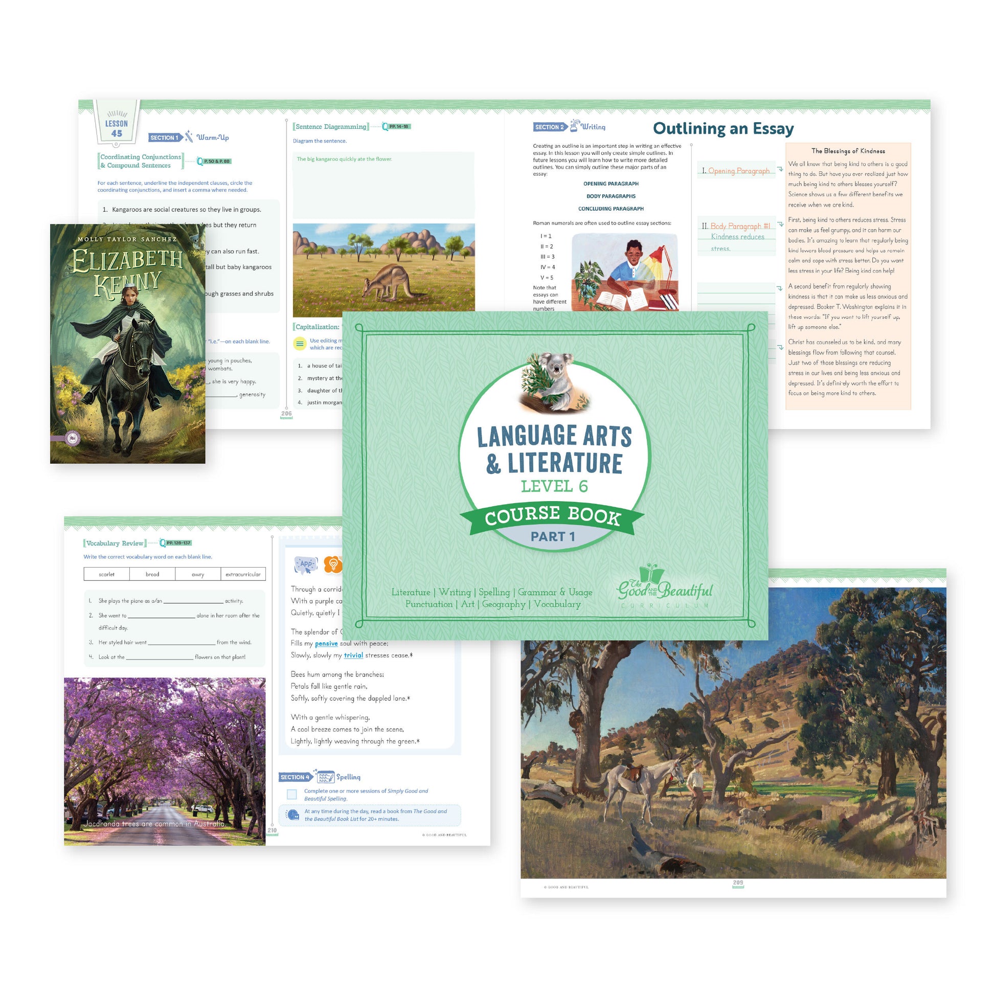 Language arts level 6 course book and a collage of sample pages | The Good and the Beautiful