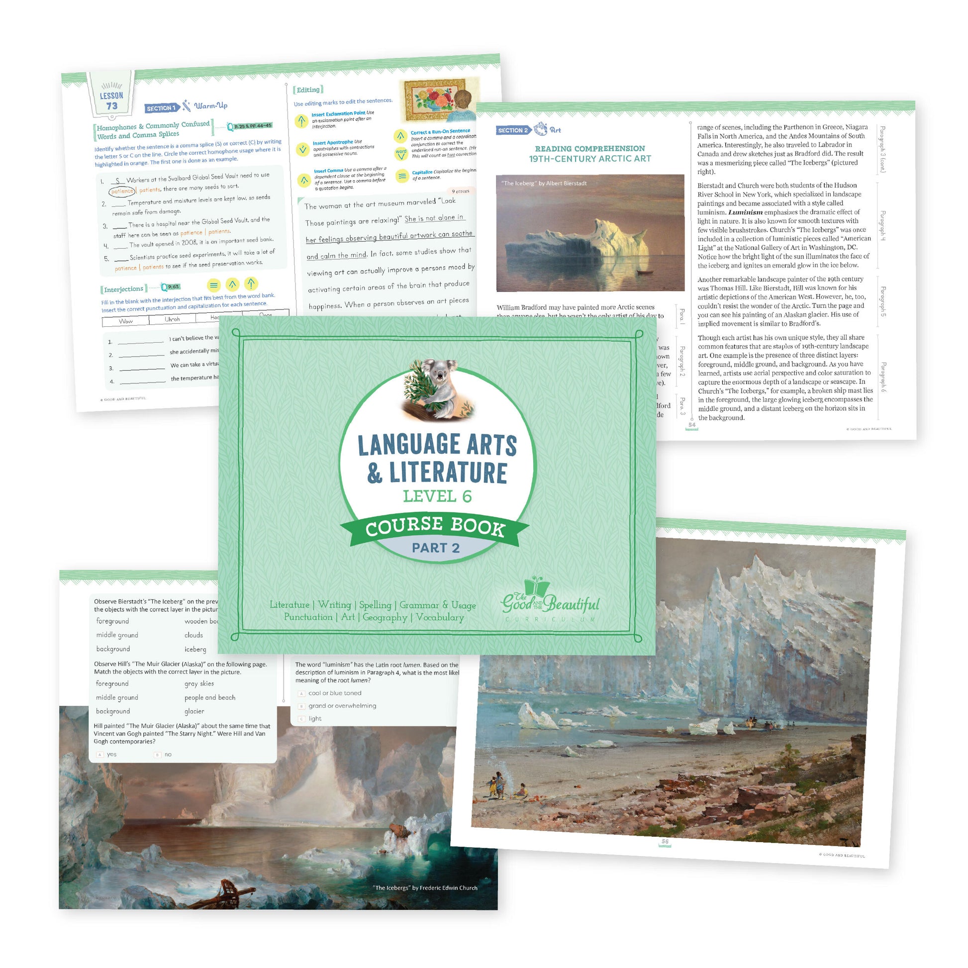 A collage of the course book cover and sample page from language arts level 6 | The Good and the Beautiful