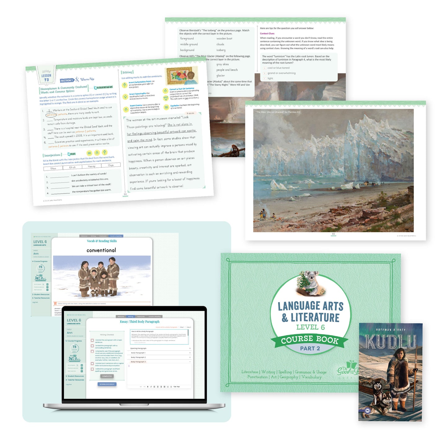 Three sample pages and a sample web page from language arts level 6 | The Good and the Beautiful