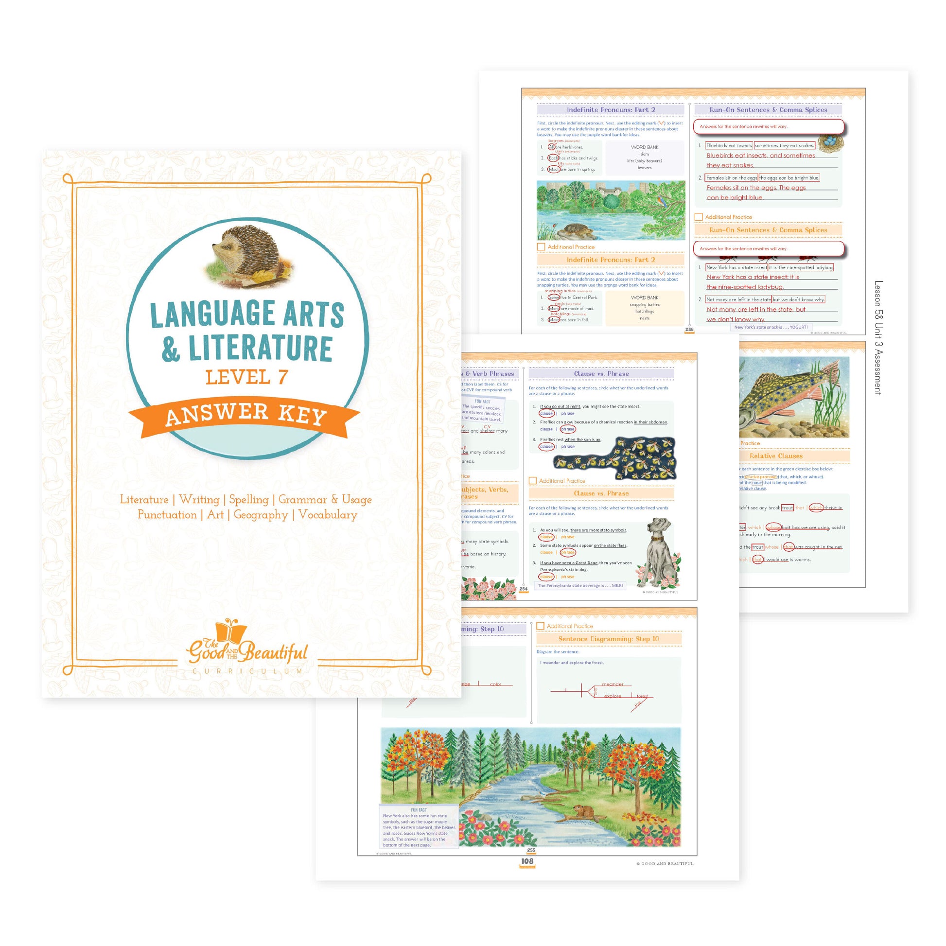 Language arts level 7 answer key cover with two sample pages | The Good and the Beautiful