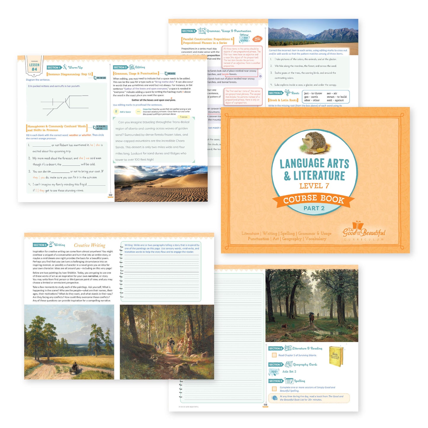 A collage of the language arts level 7 course book and sample pages from a lesson | The Good and the Beautiful