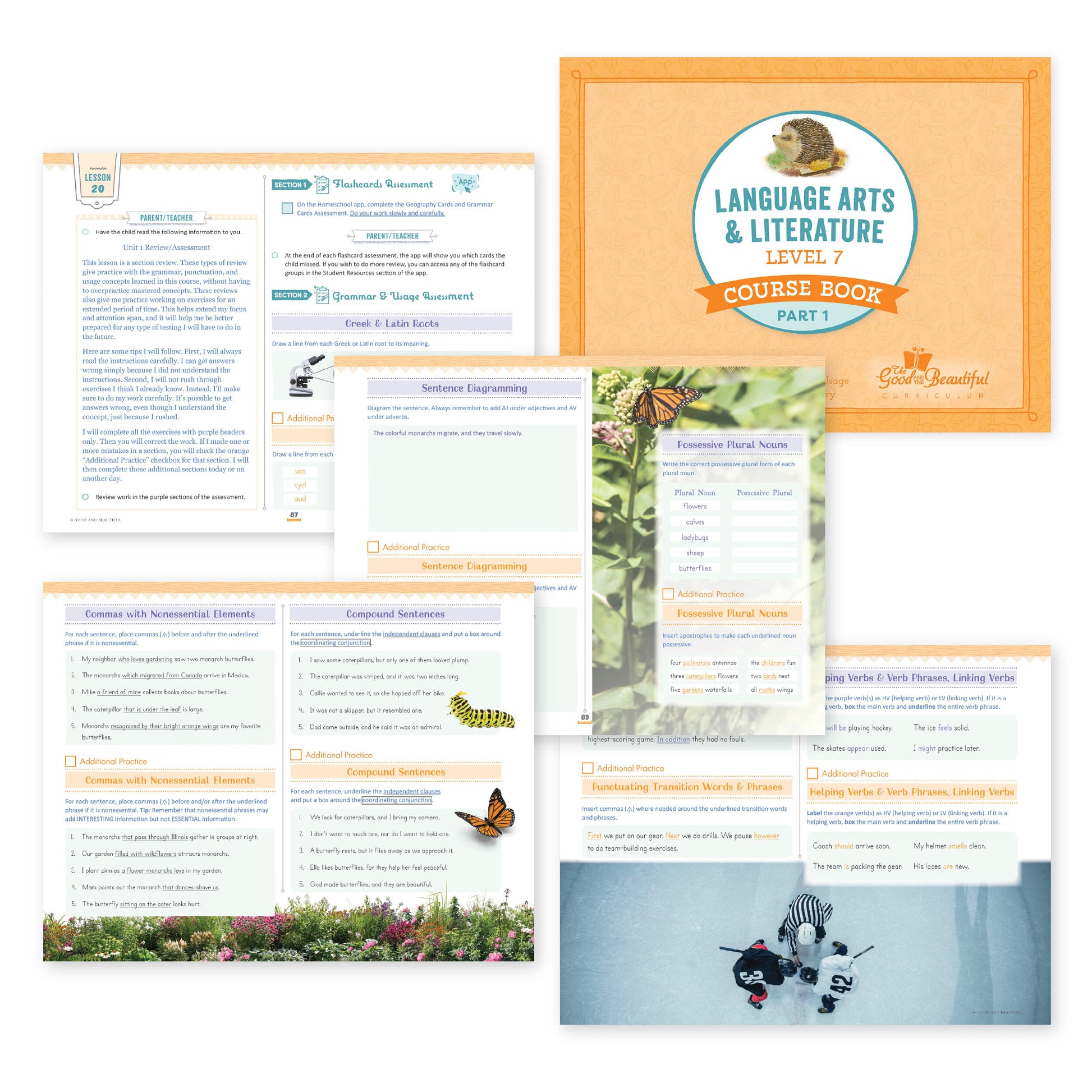 Language arts level 7 collage of the course book and sample pages | The Good and the Beautiful