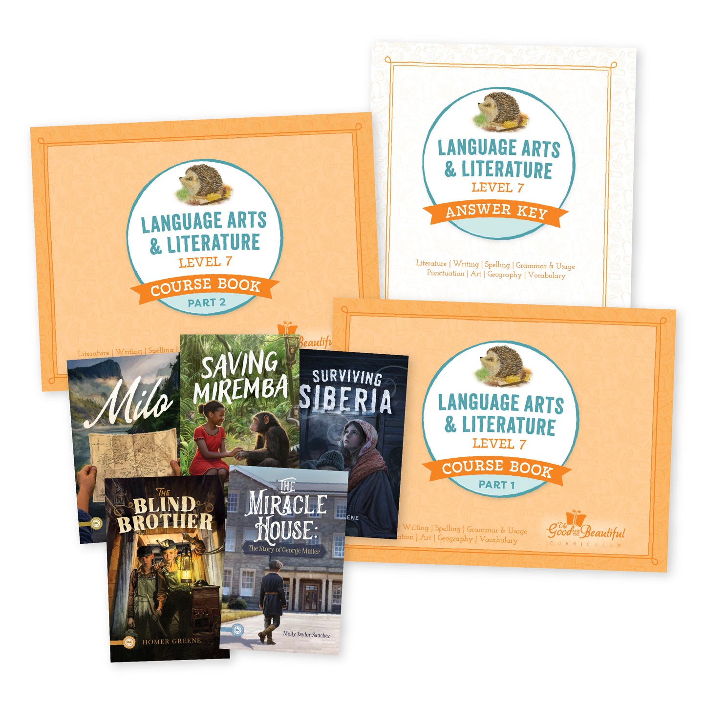 A collage of the Language Arts Level 7 course set | The Good and the Beautiful