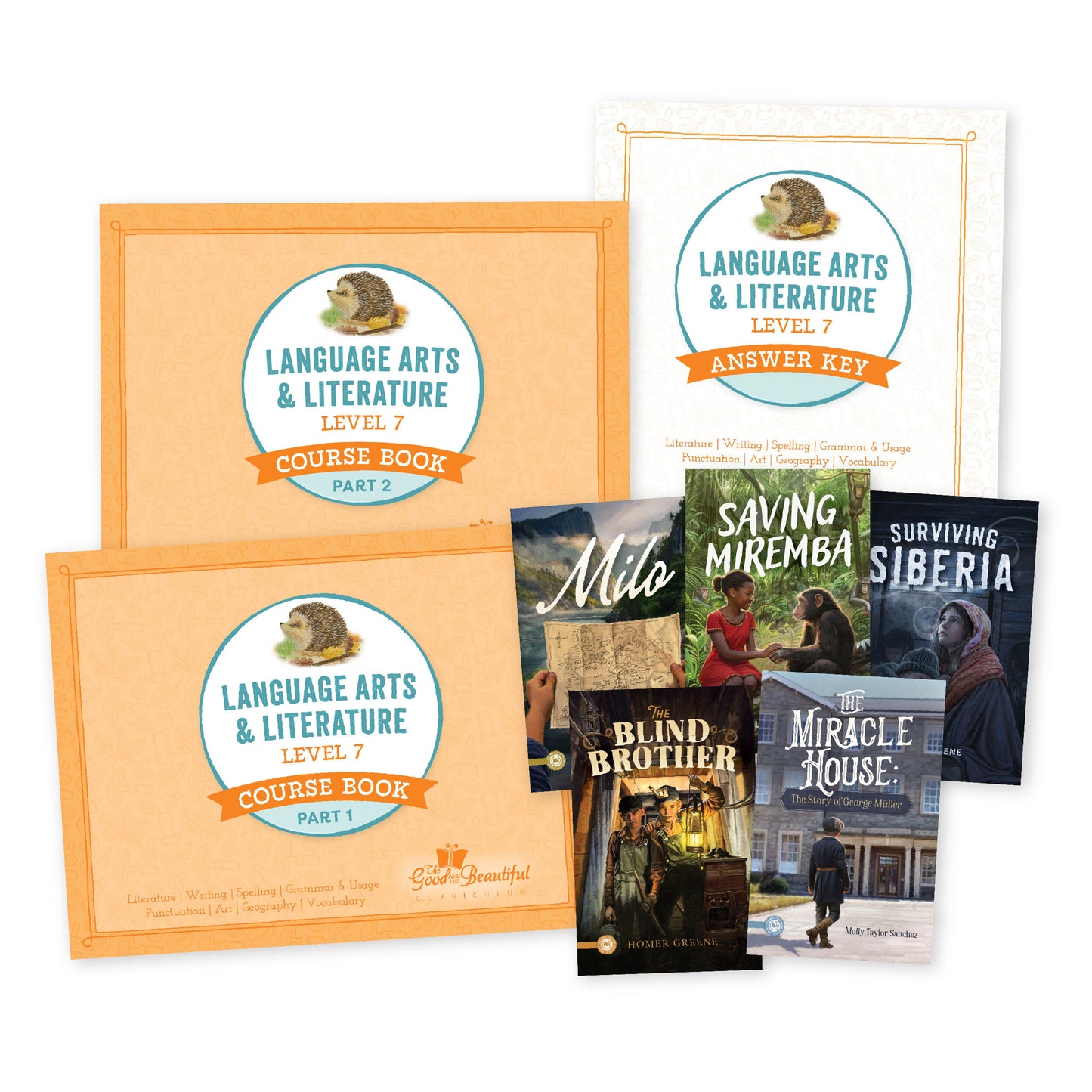 A collage of the Language Arts Level 7 course components | The Good and the Beautiful