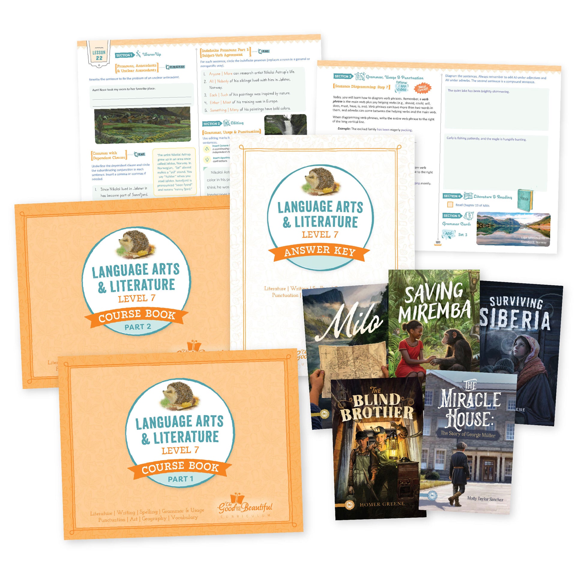 Three language arts level 7 course books, reading books, and sample pages | The Good and the Beautiful