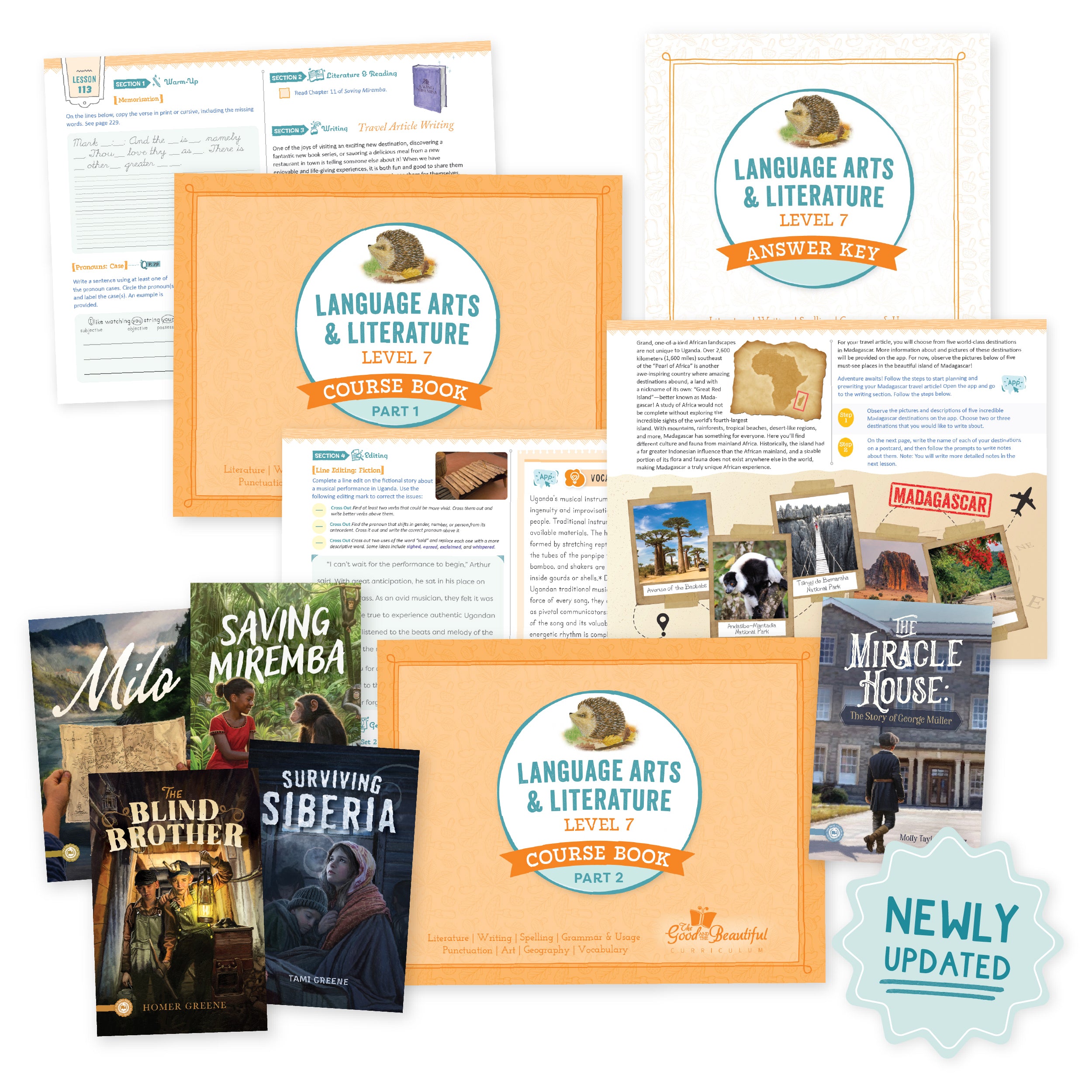 A collage of Language Arts level 7 course materials with a sticker that says "Newly Updated" | The Good and the Beautiful