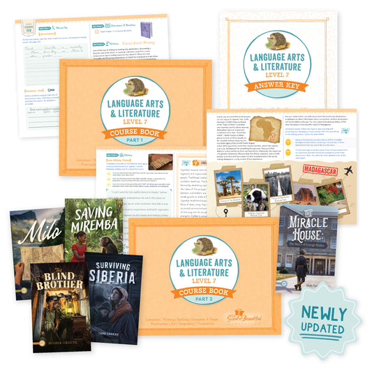 A collage of Language Arts level 7 course materials with a sticker that says "Newly Updated" | The Good and the Beautiful