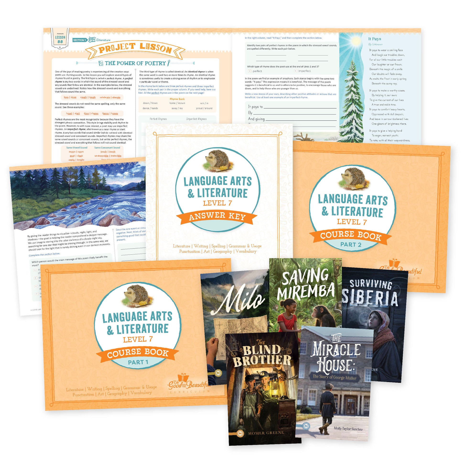 A collage of the language arts level 7 course set with sample pages | The Good and the Beautiful