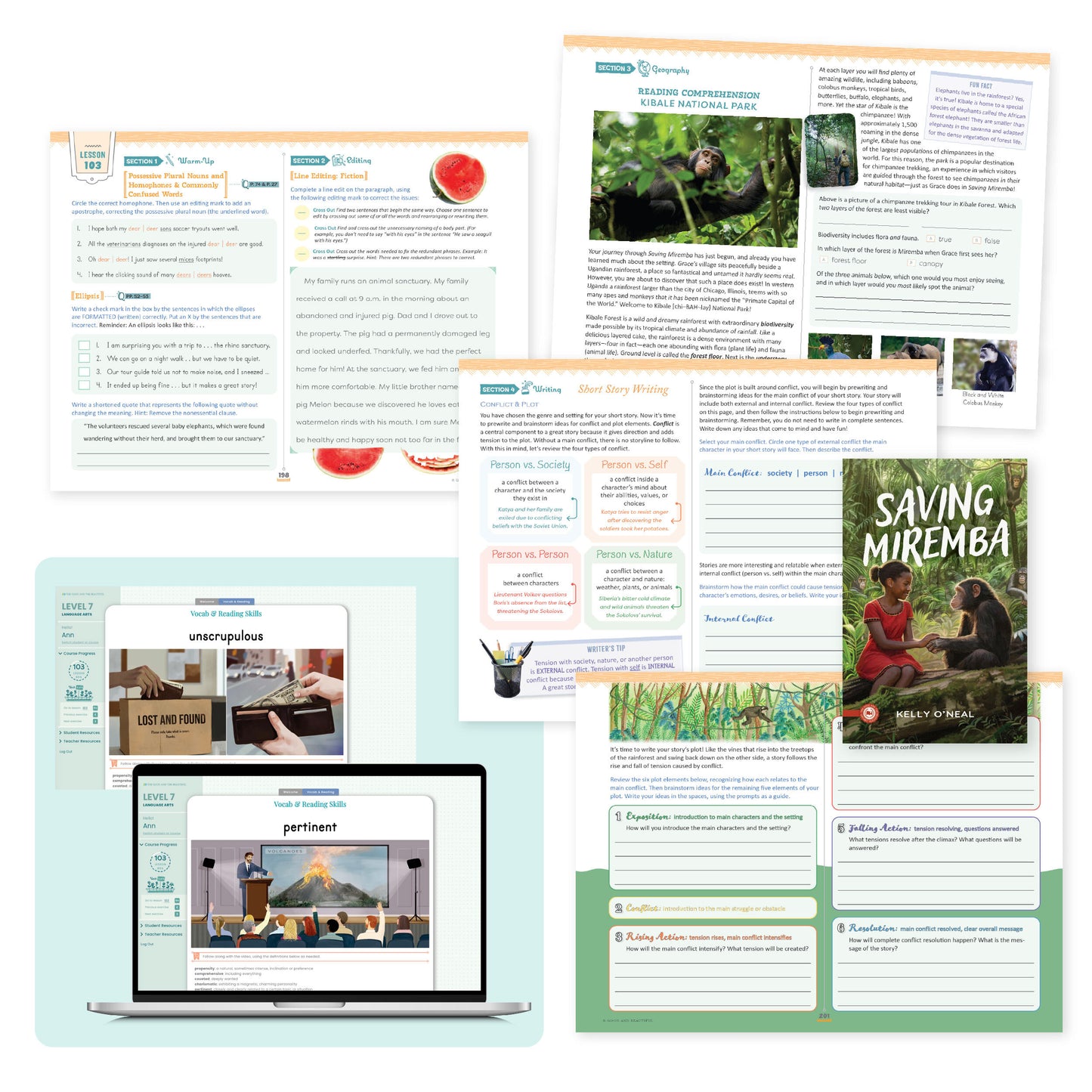A collage of sample pages and web pages from the level 7 language arts course | The Good and the Beautiful