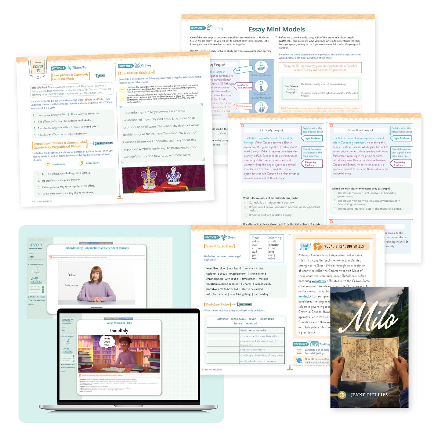 A collage of course materials and pages from language arts level 7 | The Good and the Beautiful