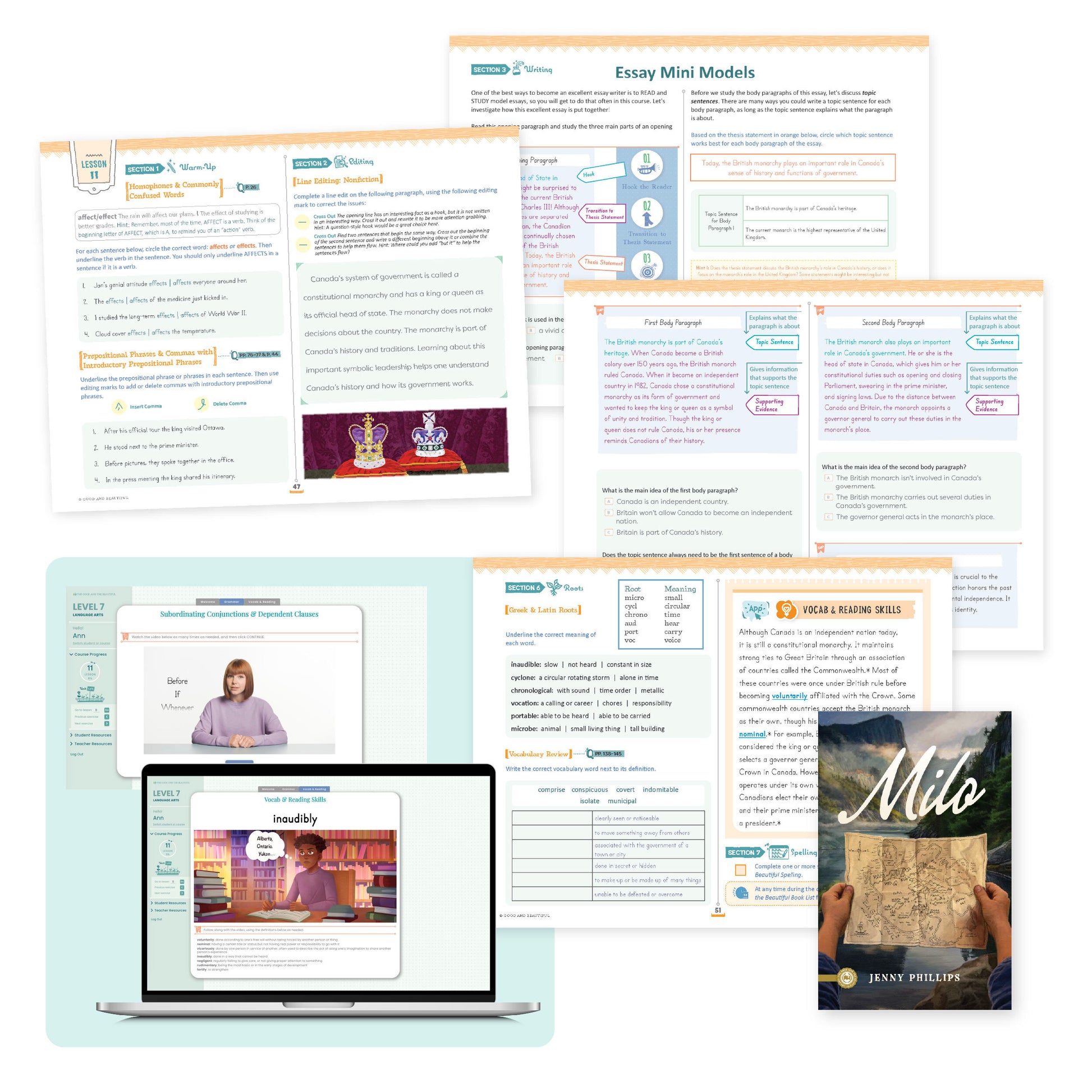 A collage of course materials and pages from language arts level 7 | The Good and the Beautiful