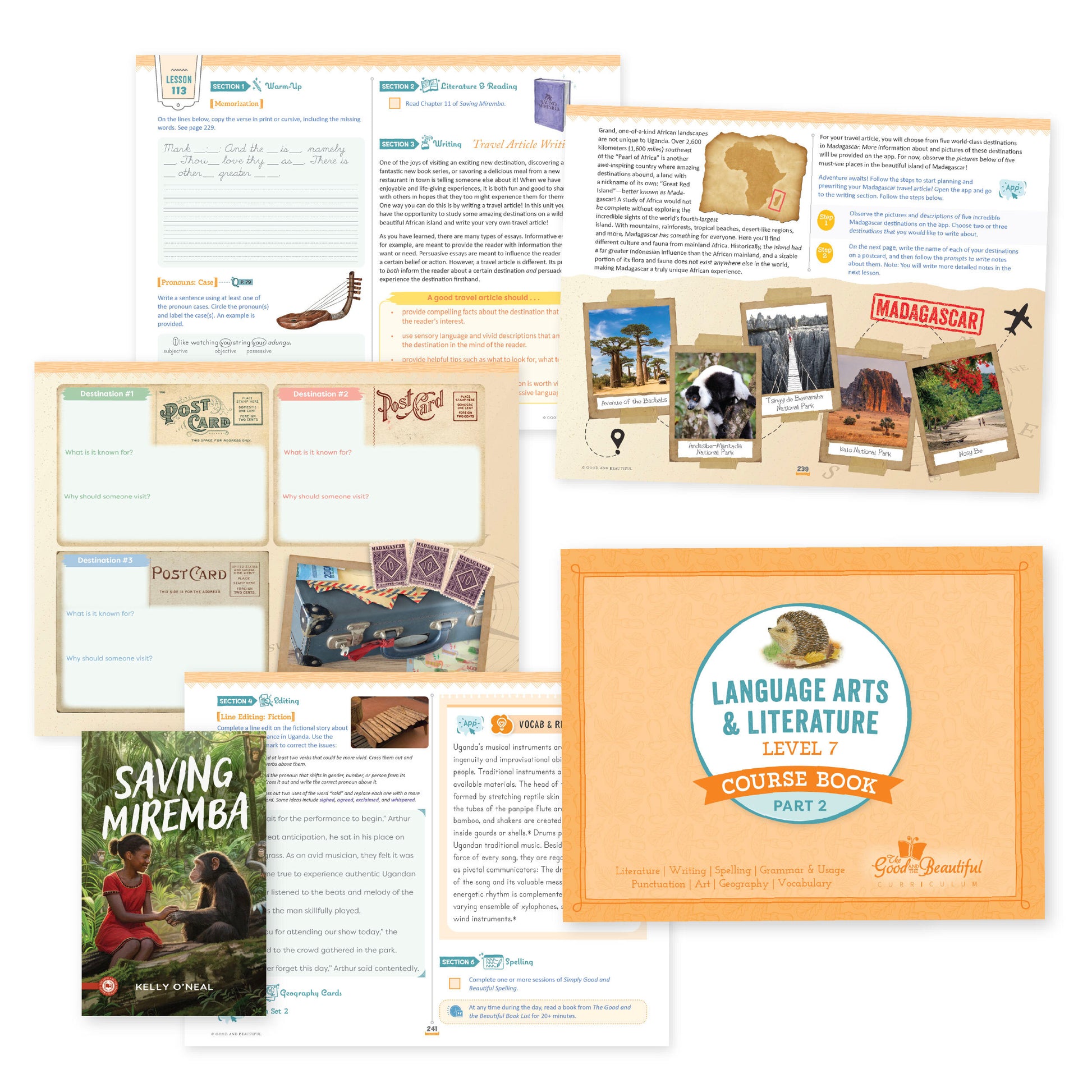 A collage of course materials and sample pages from language arts level 7 | The Good and the Beautiful
