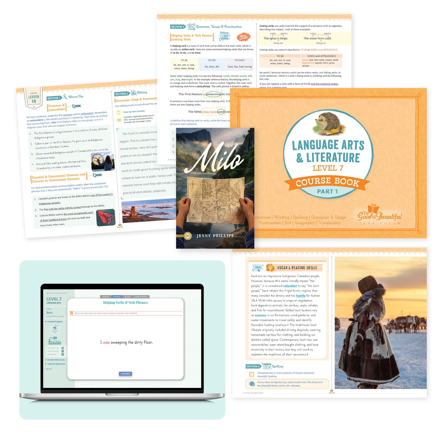 A collage of language arts level 7 course materials | The Good and the Beautiful