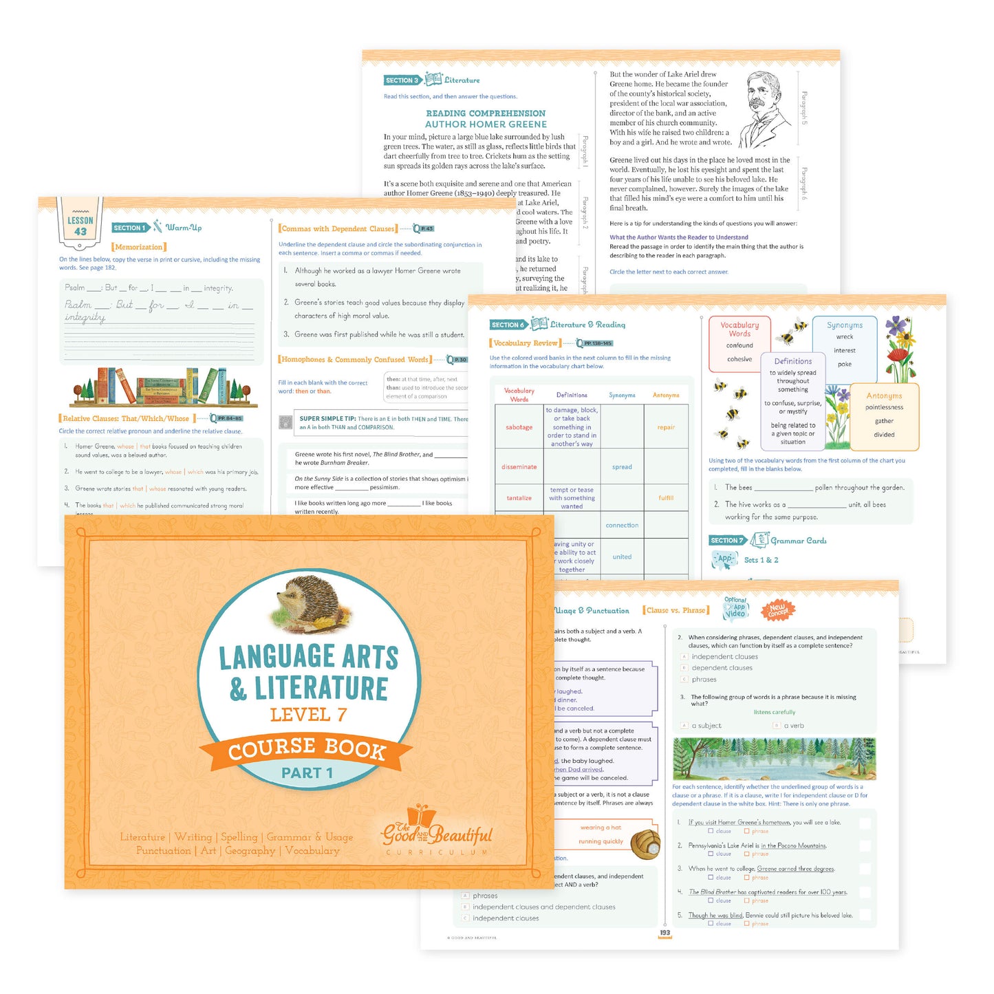 A collage of language arts level 7 course book part 1 with four sample pages | The Good and the Beautiful