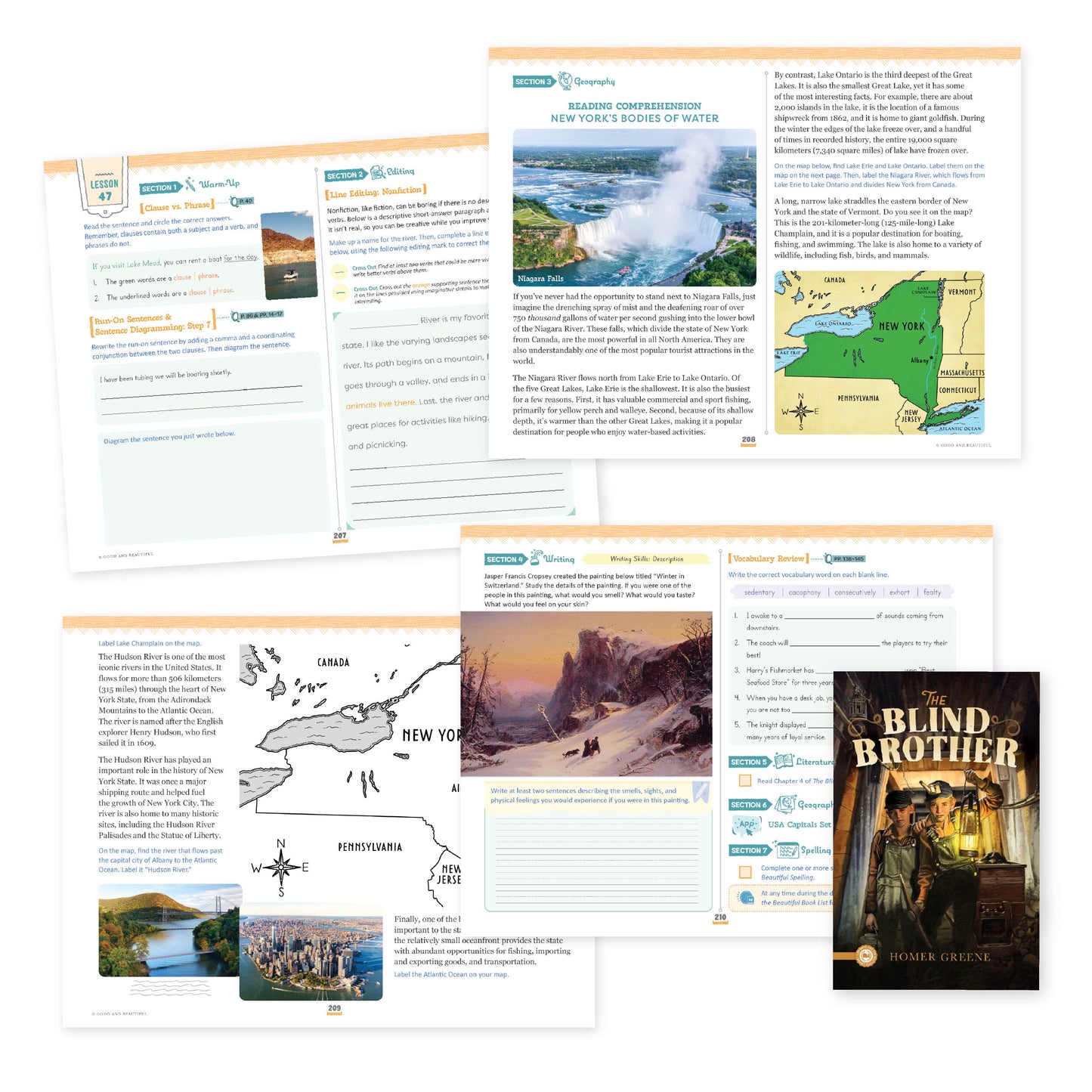A collage of sample lesson pages from language arts level 7 | The Good and the Beautiful