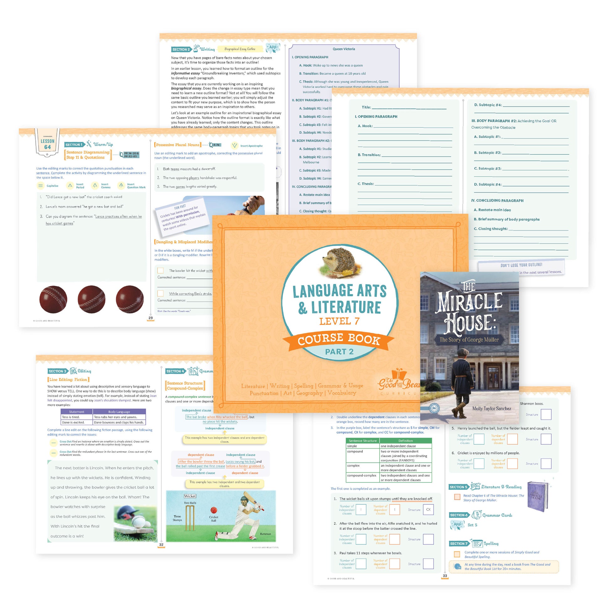 A collage of the level 7 language arts course materials with sample pages | The Good and the Beautiful