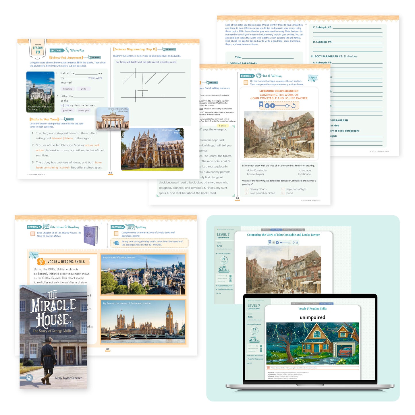 A collage of sample pages and digital sample pages from language arts level 7 | The Good and the Beautiful