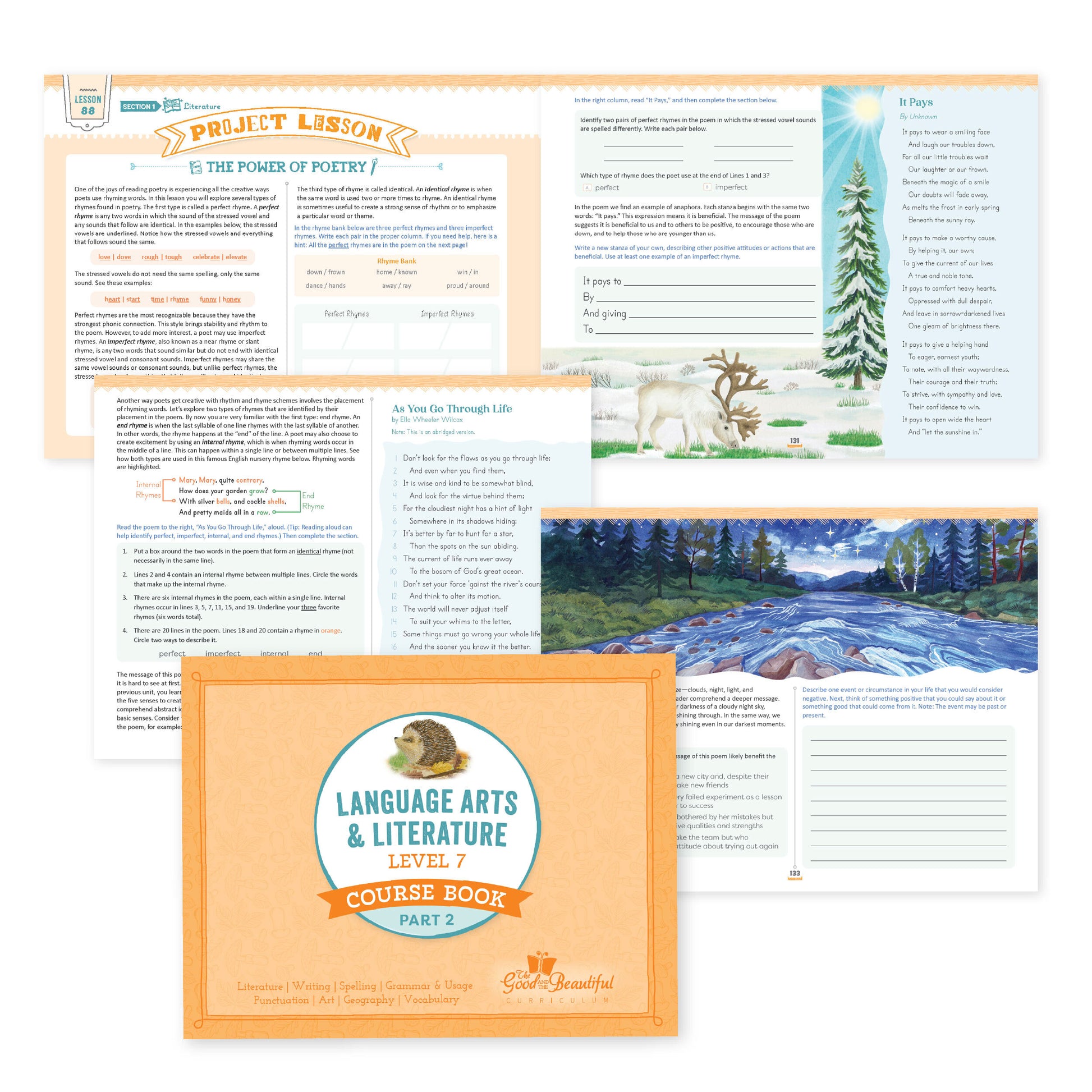 Language arts course book for level 7 and sample pages from a project lesson | The Good and the Beautiful