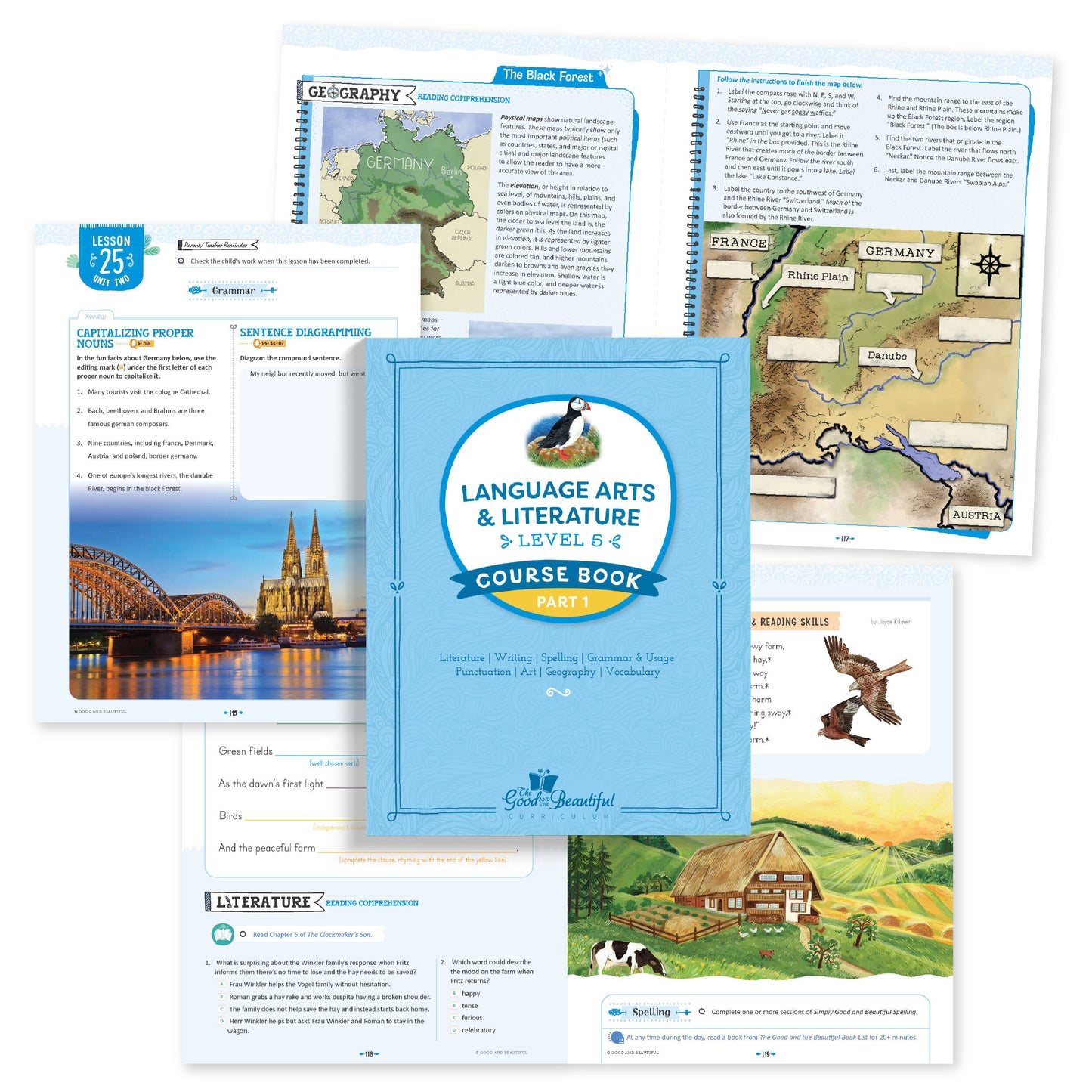 A collage of the Language Arts course book pages for level 5 | The Good and the Beautiful
