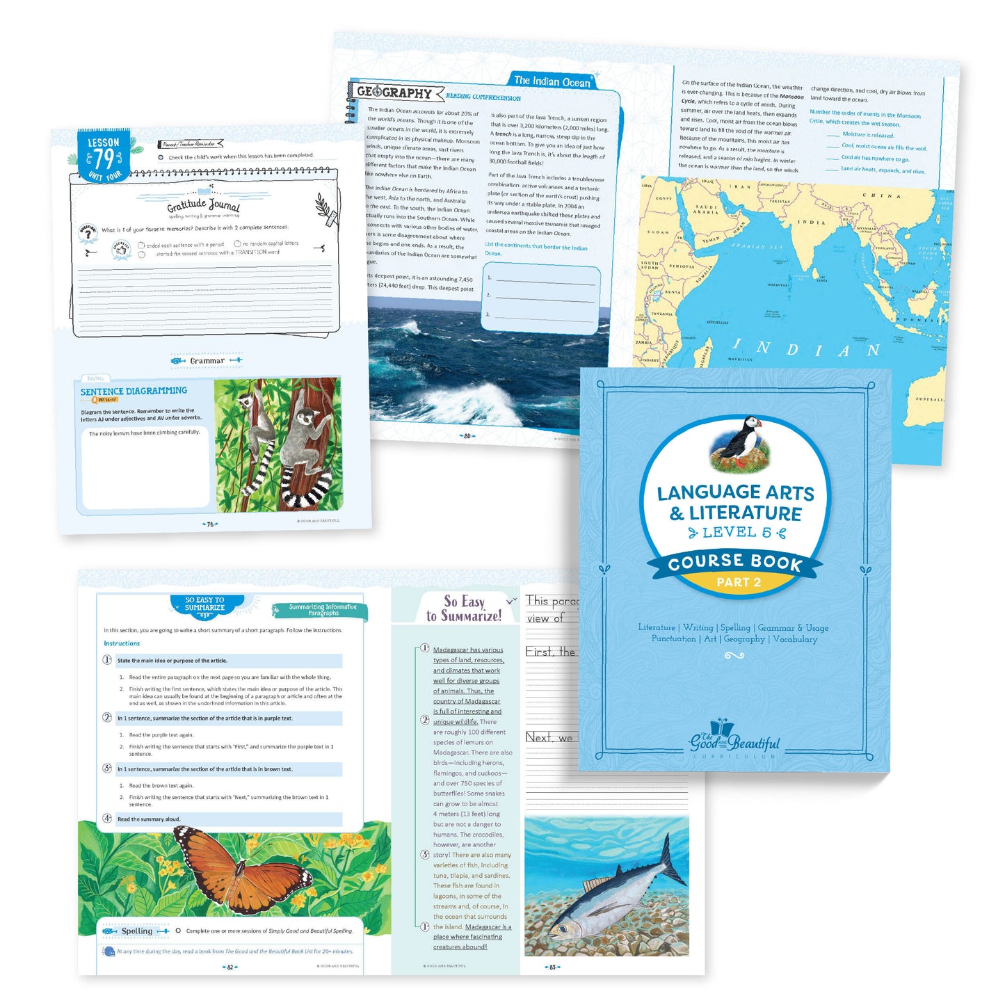 A collage of the level 5 language arts course book materials | The Good and the Beautiful