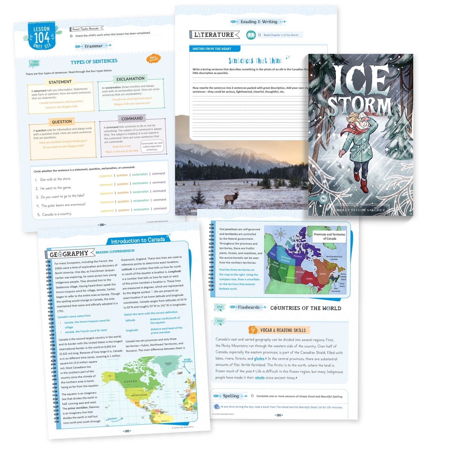 A collage of pages from Language Arts level 5 lesson 104 | The Good and the Beautiful