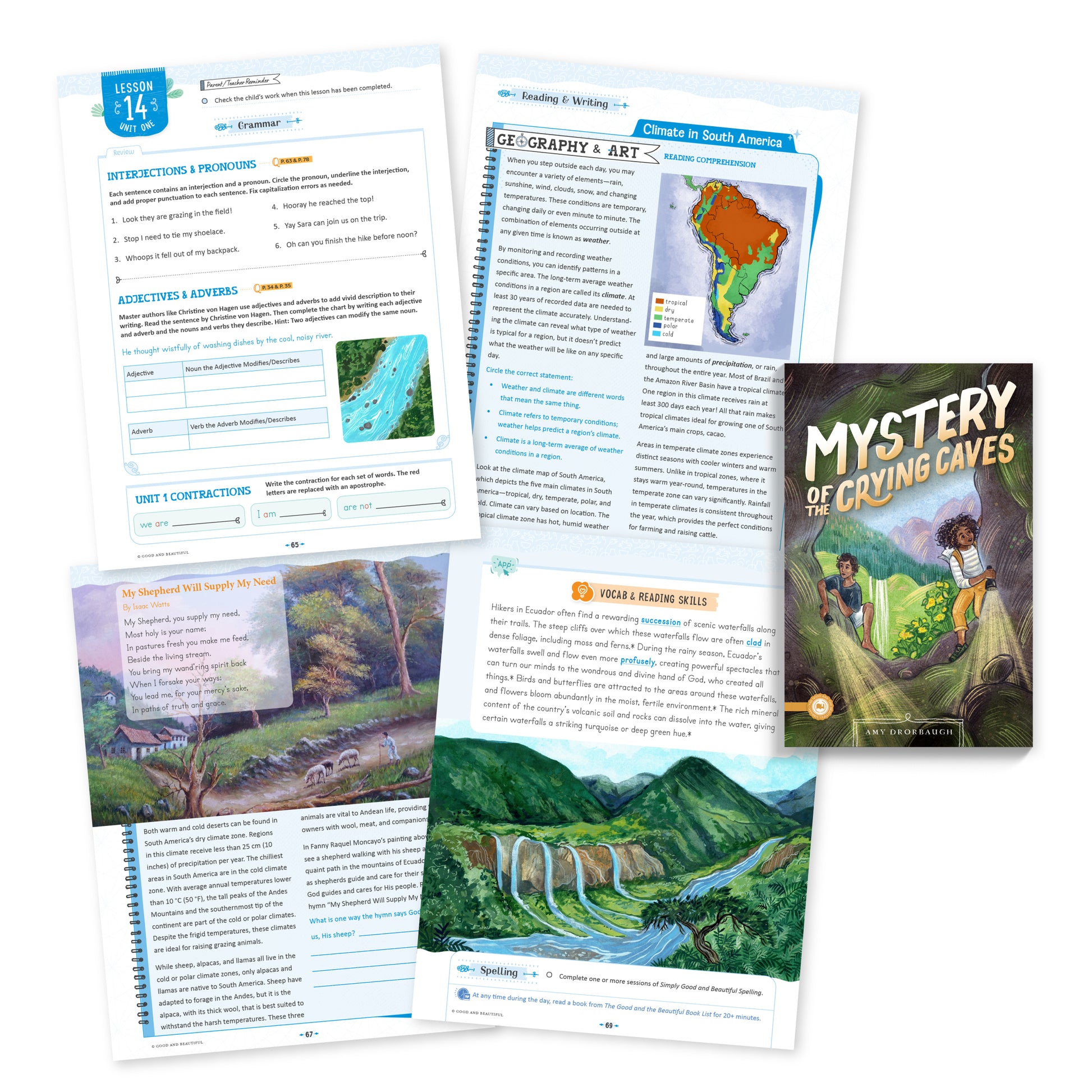 A collage of pages from Language Arts level 5 lesson 14 | The Good and the Beautiful