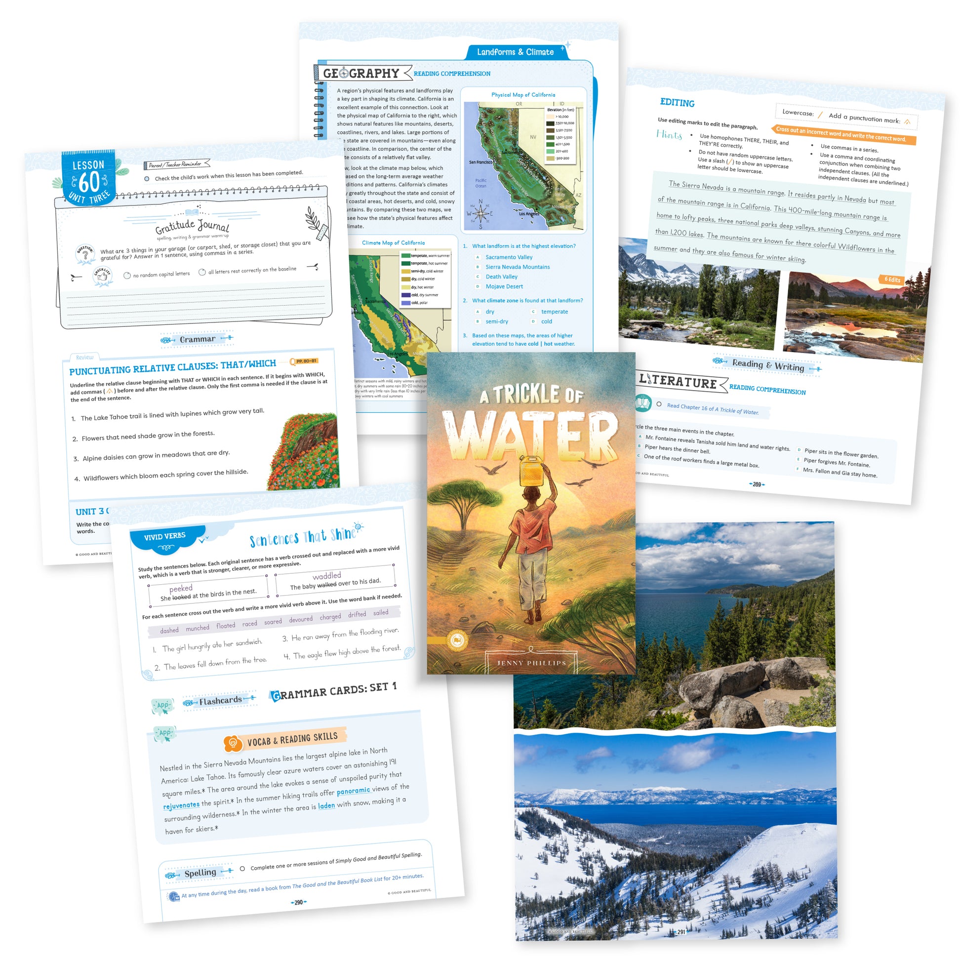 A collage of pages from Language Arts level 5 lesson 60 | The Good and the Beautiful