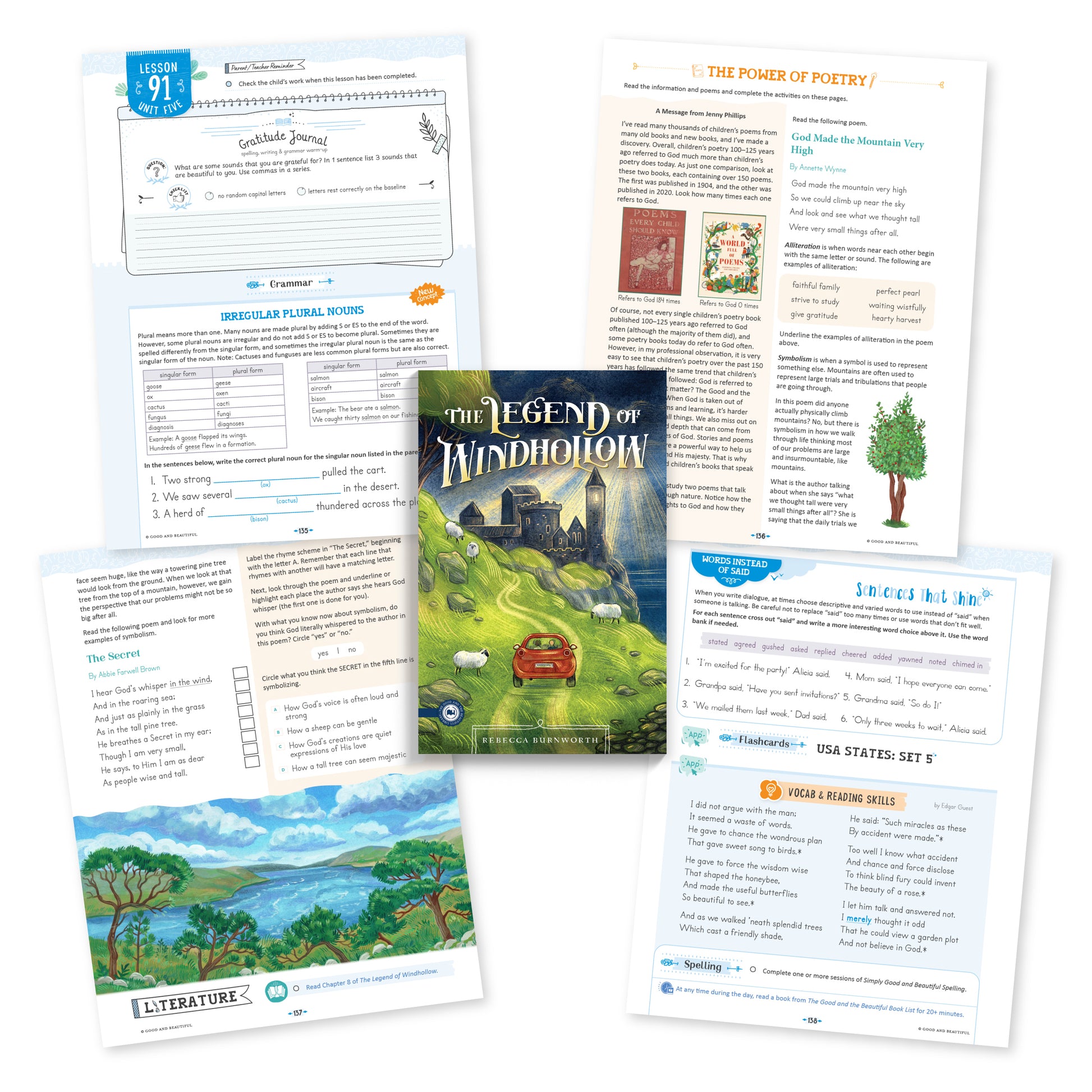 A collage of pages from Language Arts level 5 lesson 91 | The Good and the Beautiful