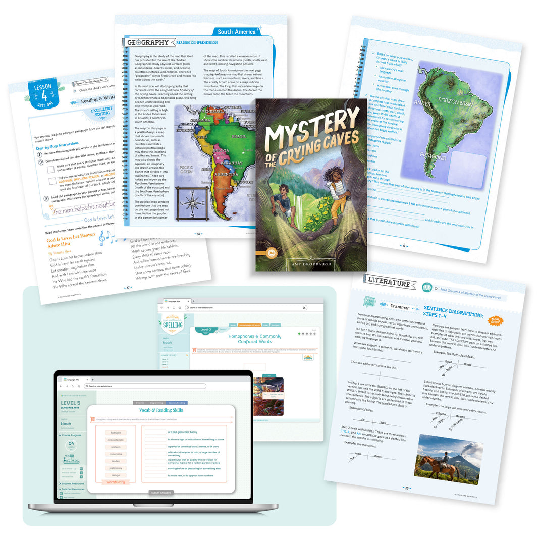 A collage of the language arts level 5 course pages from lesson 4 | The Good and the Beautiful