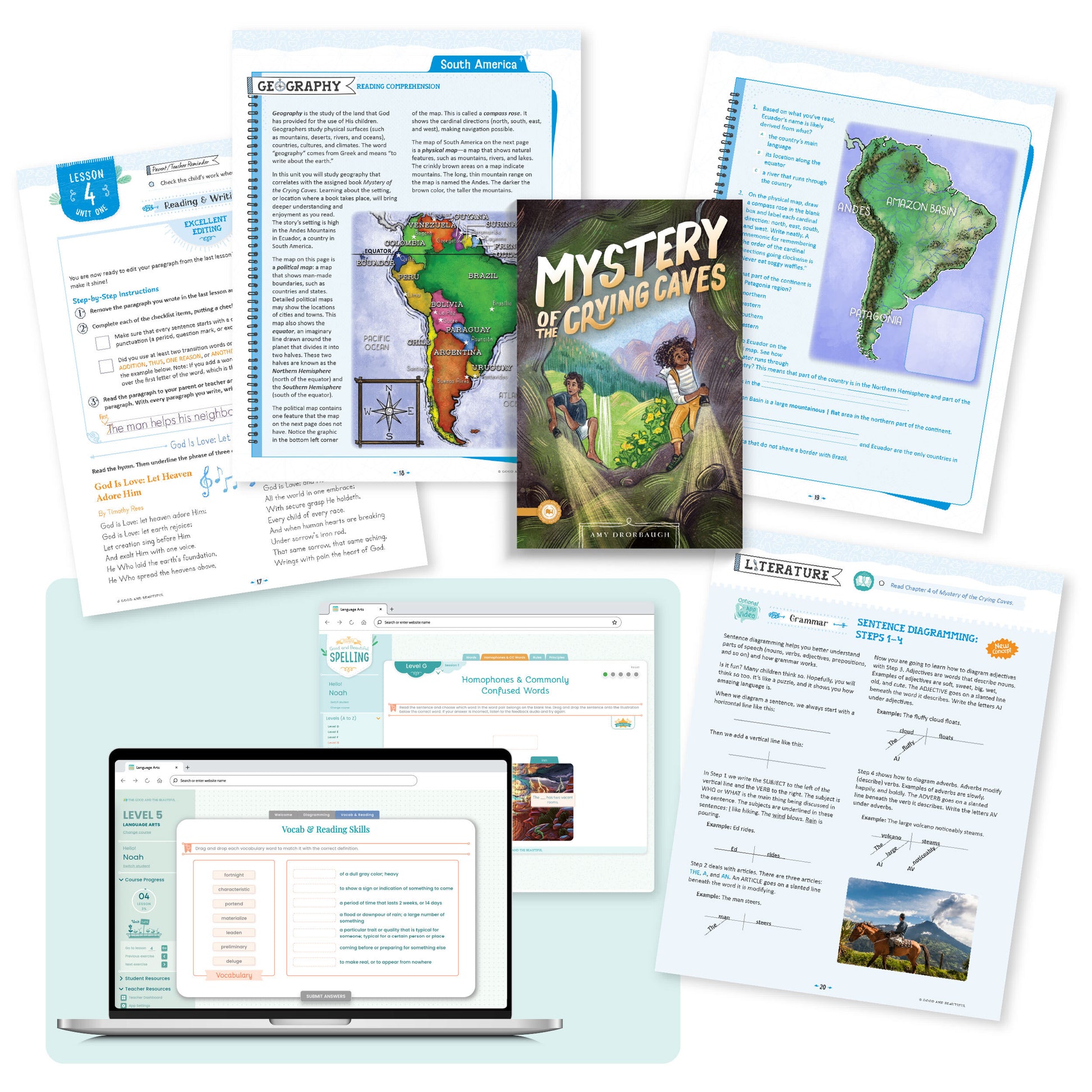 A collage of the language arts level 5 course pages from lesson 4 | The Good and the Beautiful