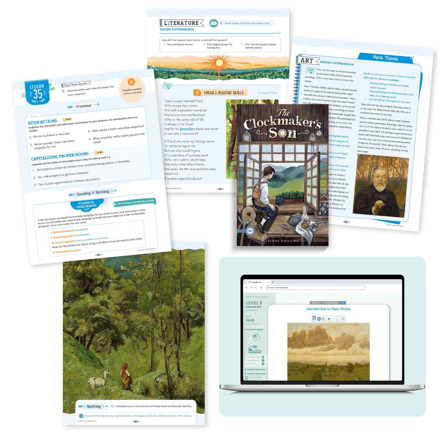 A collage of the language arts level 5 course pages from lesson 35 | The Good and the Beautiful