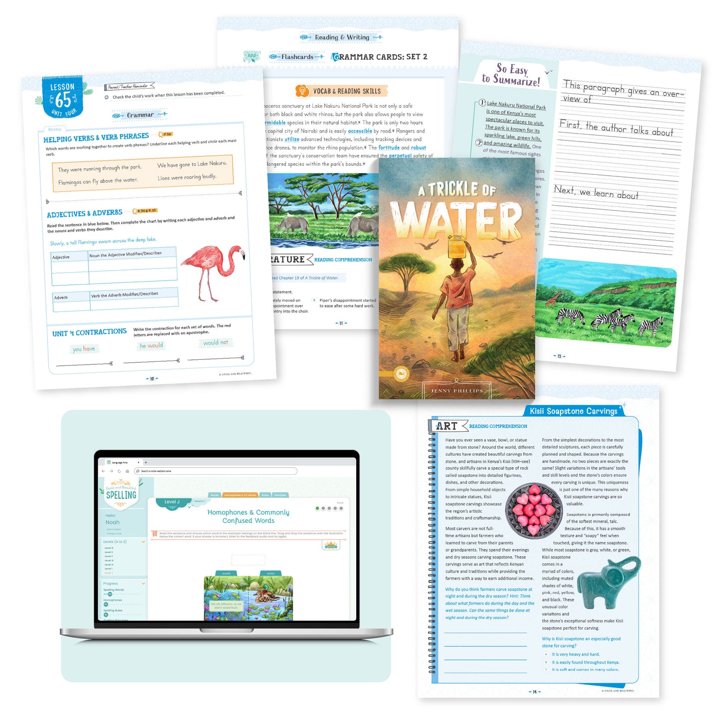 A collage of the language arts level 5 course pages from lesson 65 | The Good and the Beautiful