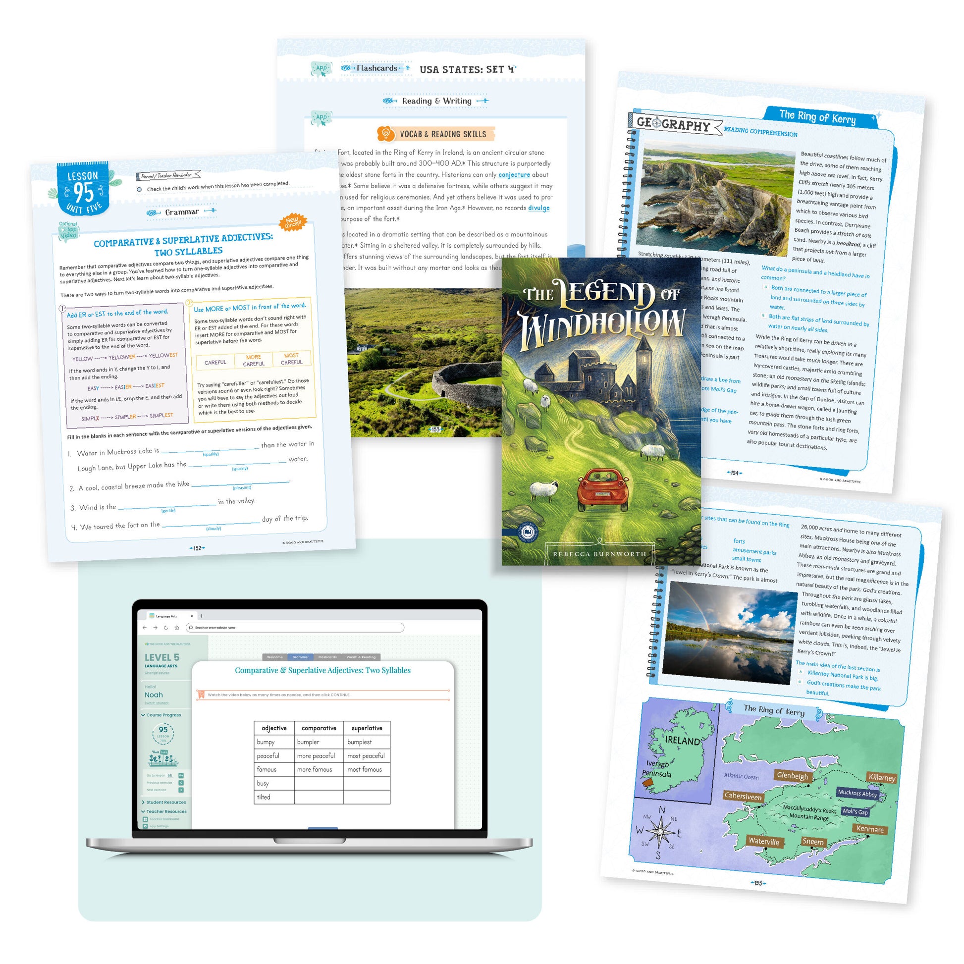 A collage of the language arts level 5 course pages from lesson 95 | The Good and the Beautiful