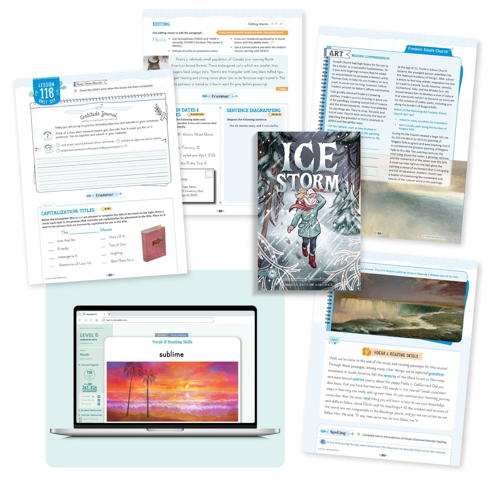 A collage of the language arts level 5 course pages from lesson 118 | The Good and the Beautiful