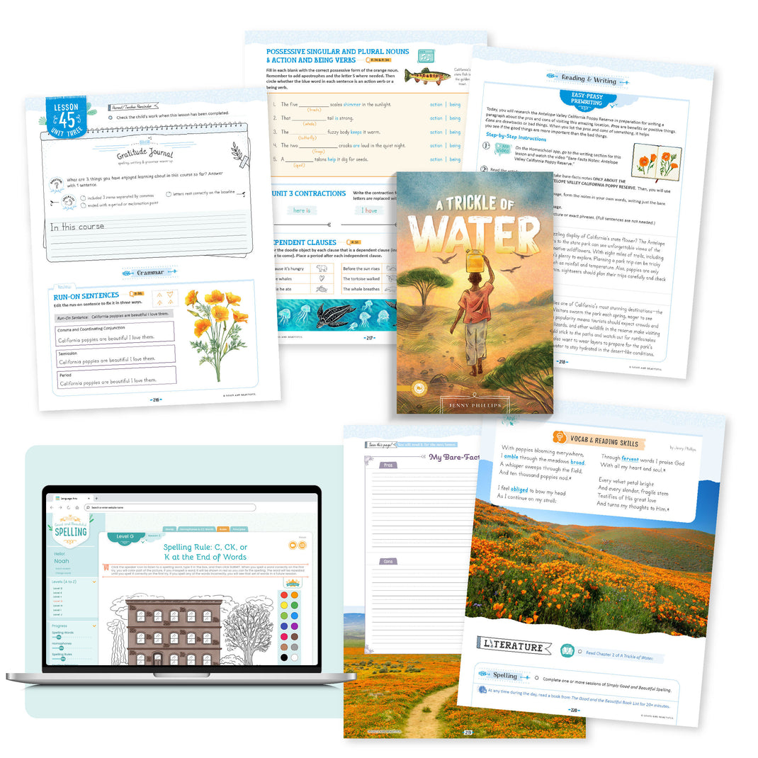 A collage of the language arts level 5 course pages from lesson 45 | The Good and the Beautiful