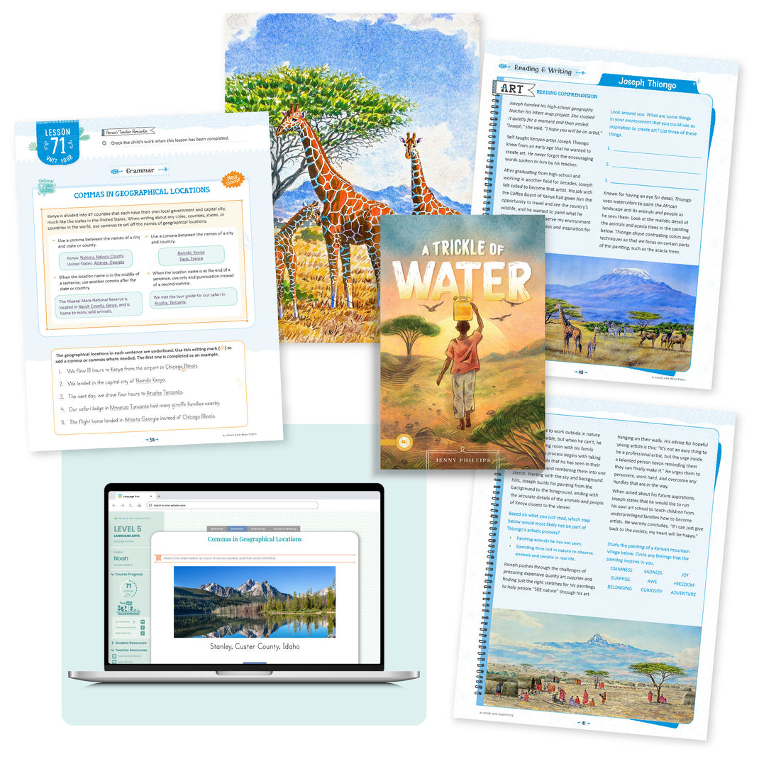 A collage of the language arts level 5 course pages from lesson 71 | The Good and the Beautiful