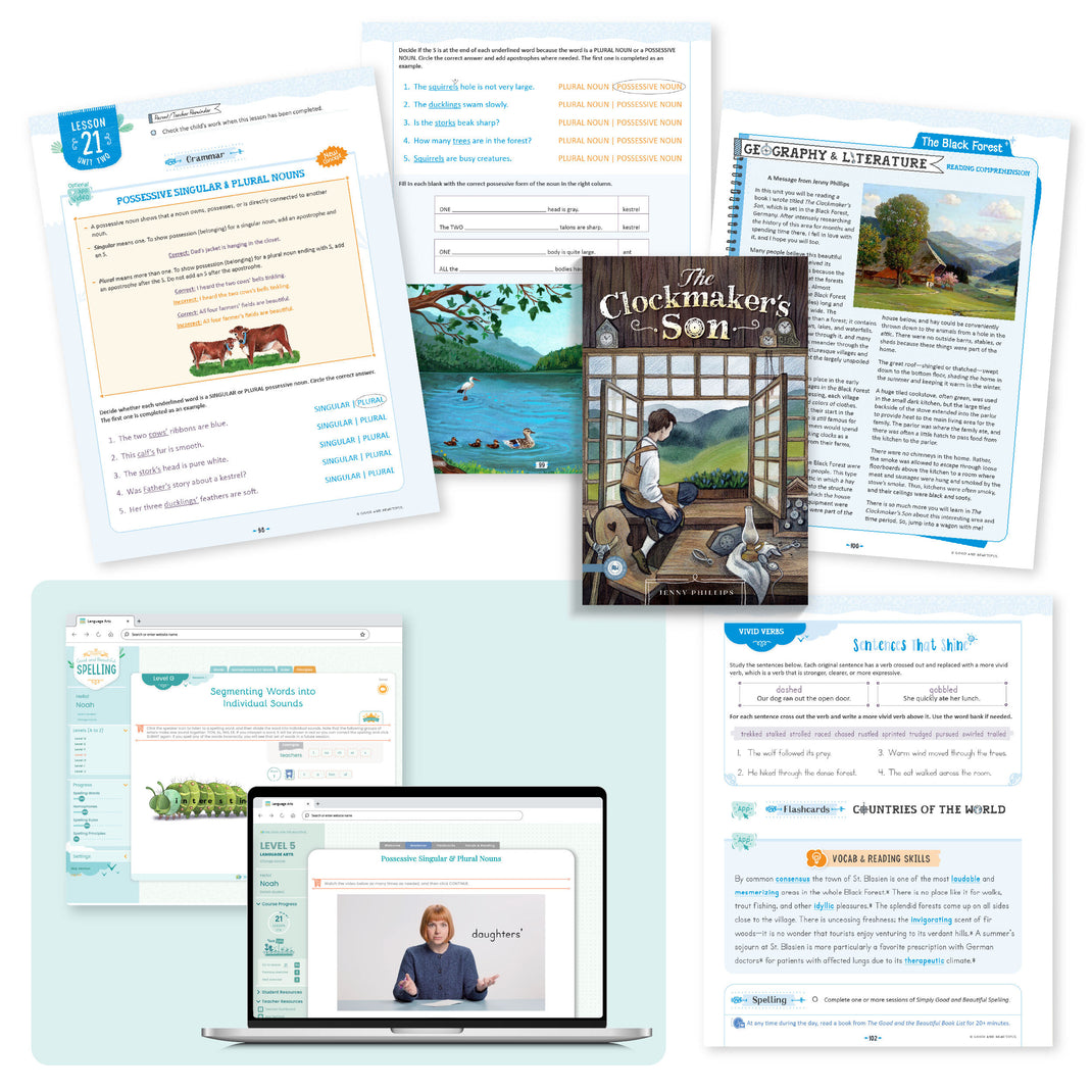 A collage of the language arts level 5 course pages from lesson 21 | The Good and the Beautiful