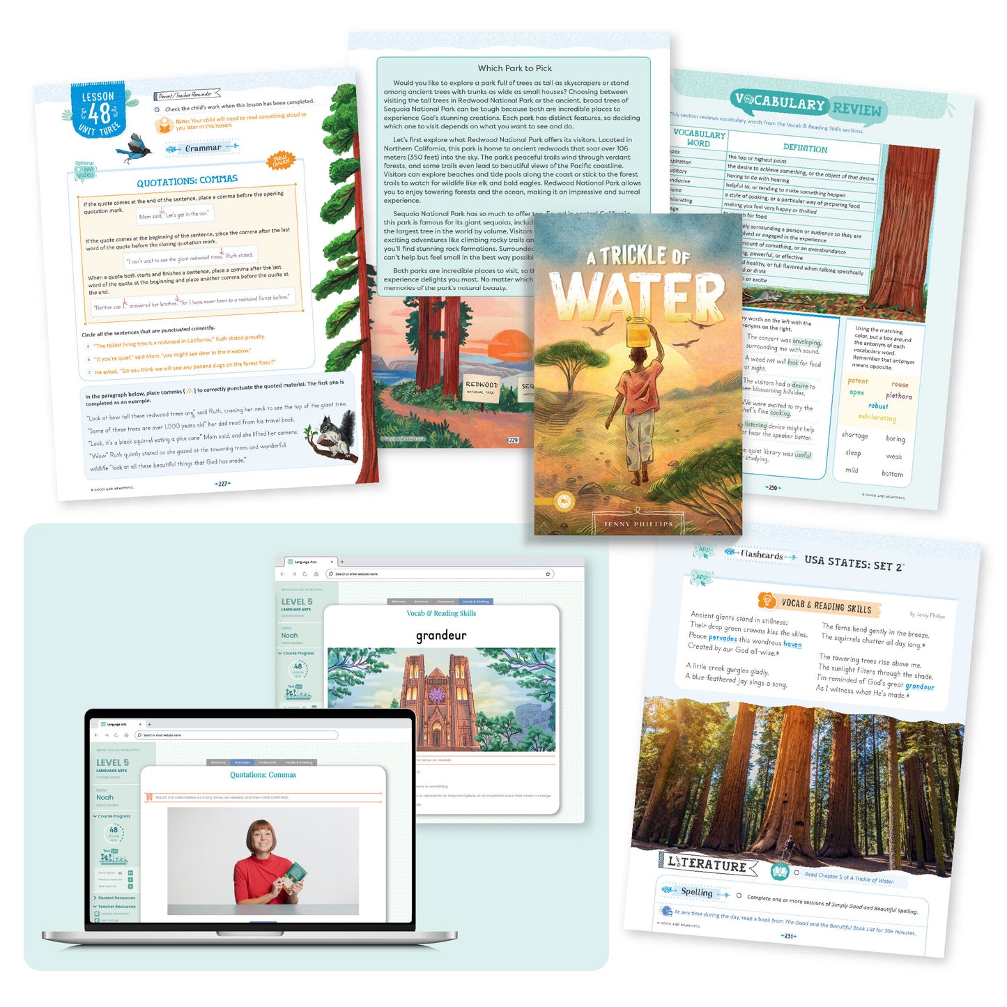 A collage of the language arts level 5 course pages from lesson 48 | The Good and the Beautiful