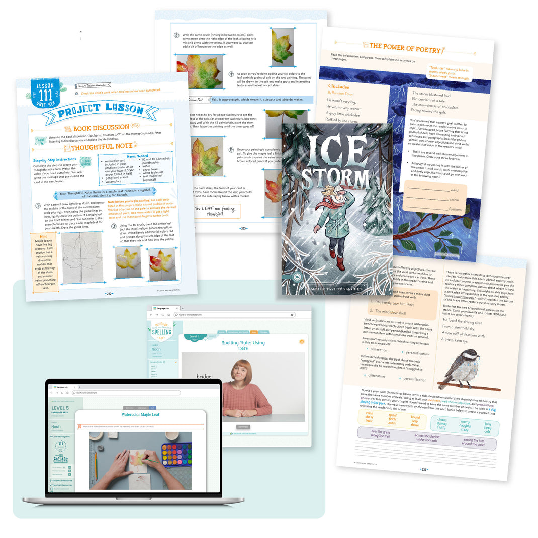 A collage of the language arts level 5 course pages from lesson 111 | The Good and the Beautiful