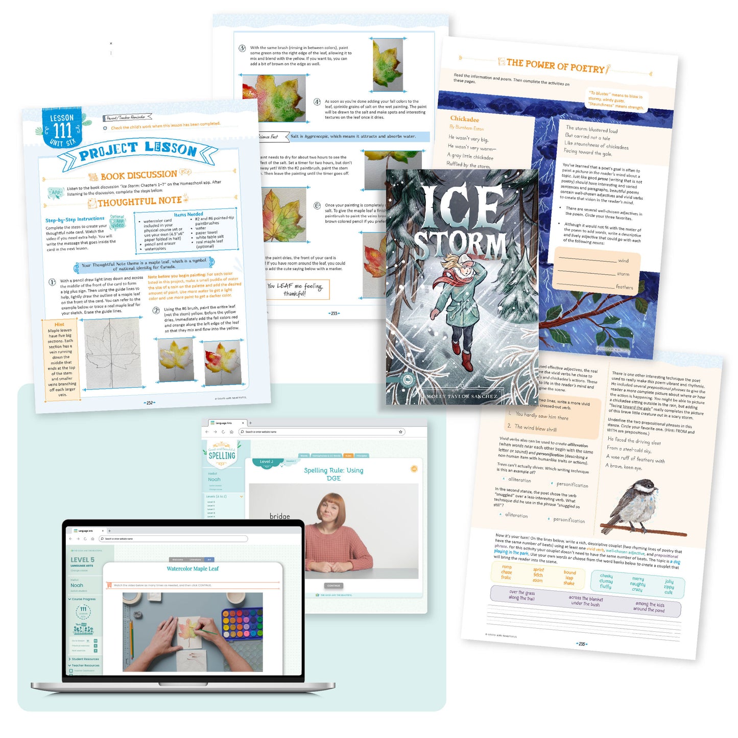 A collage of the language arts level 5 course pages from lesson 111 | The Good and the Beautiful