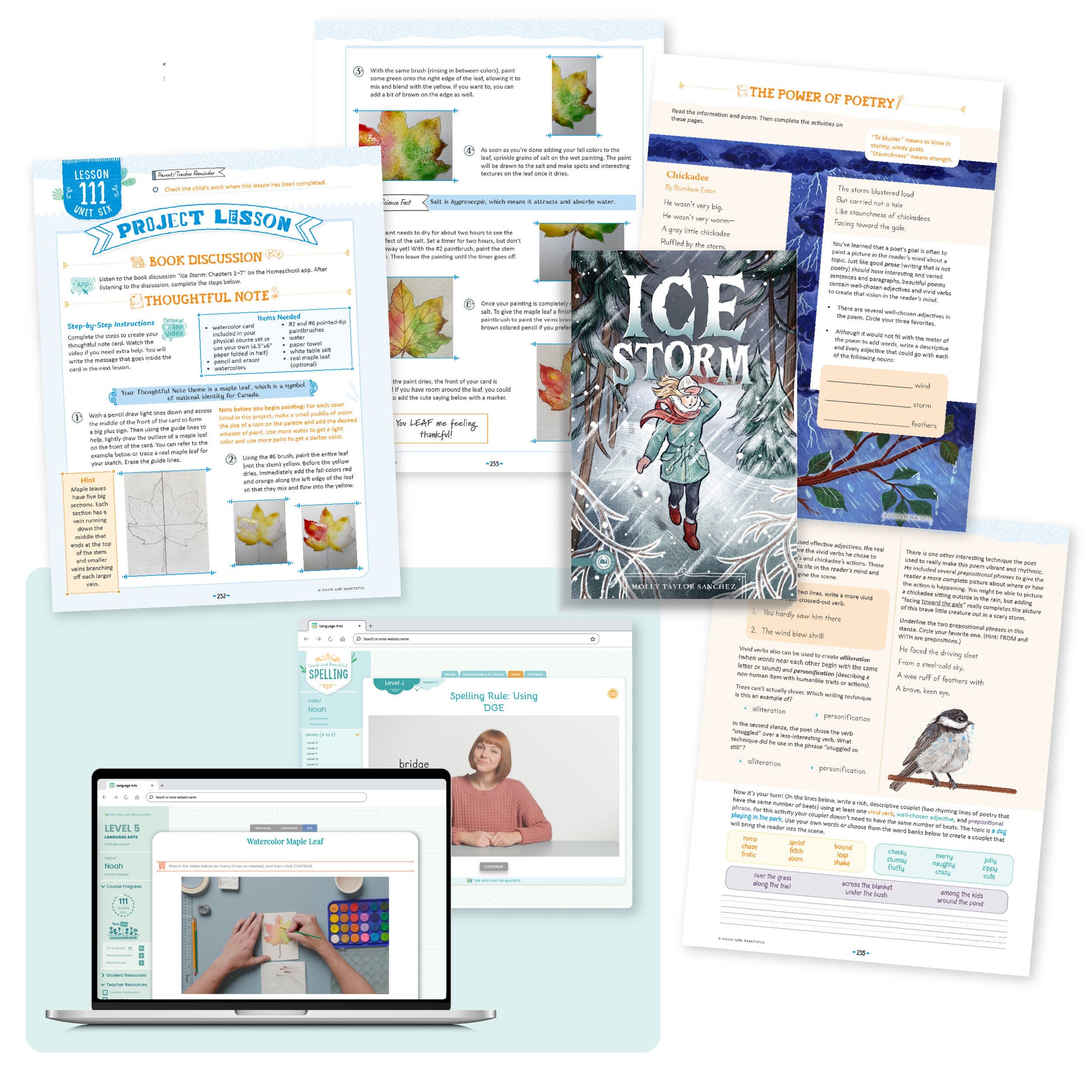 A collage of the language arts level 5 course pages from lesson 111 | The Good and the Beautiful