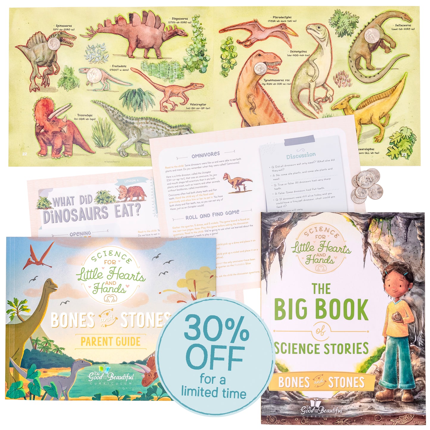A collage of the Science for Little Hearts and Hands Bones and Stones unit with the sticker 30% off for a limited time | The Good and the Beautiful