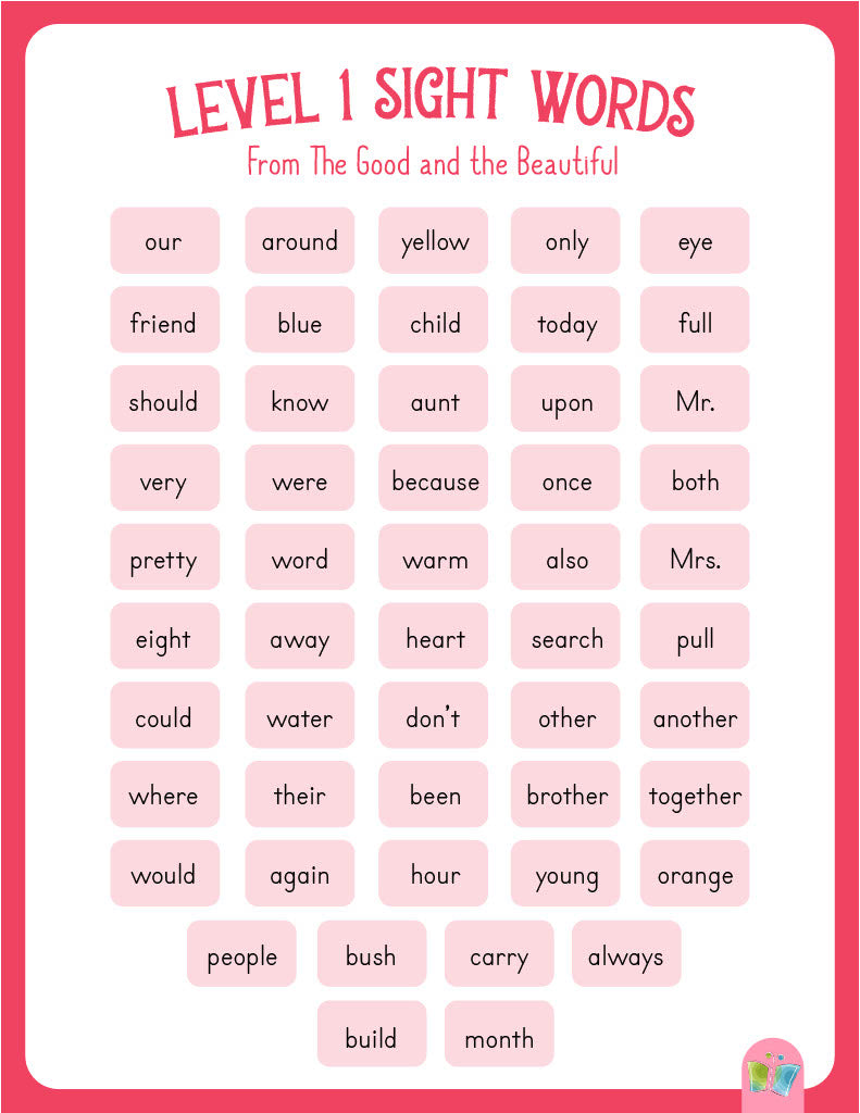 Level 1 sight words list from The Good and the Beautiful on a pink background  | The Good and the Beautiful