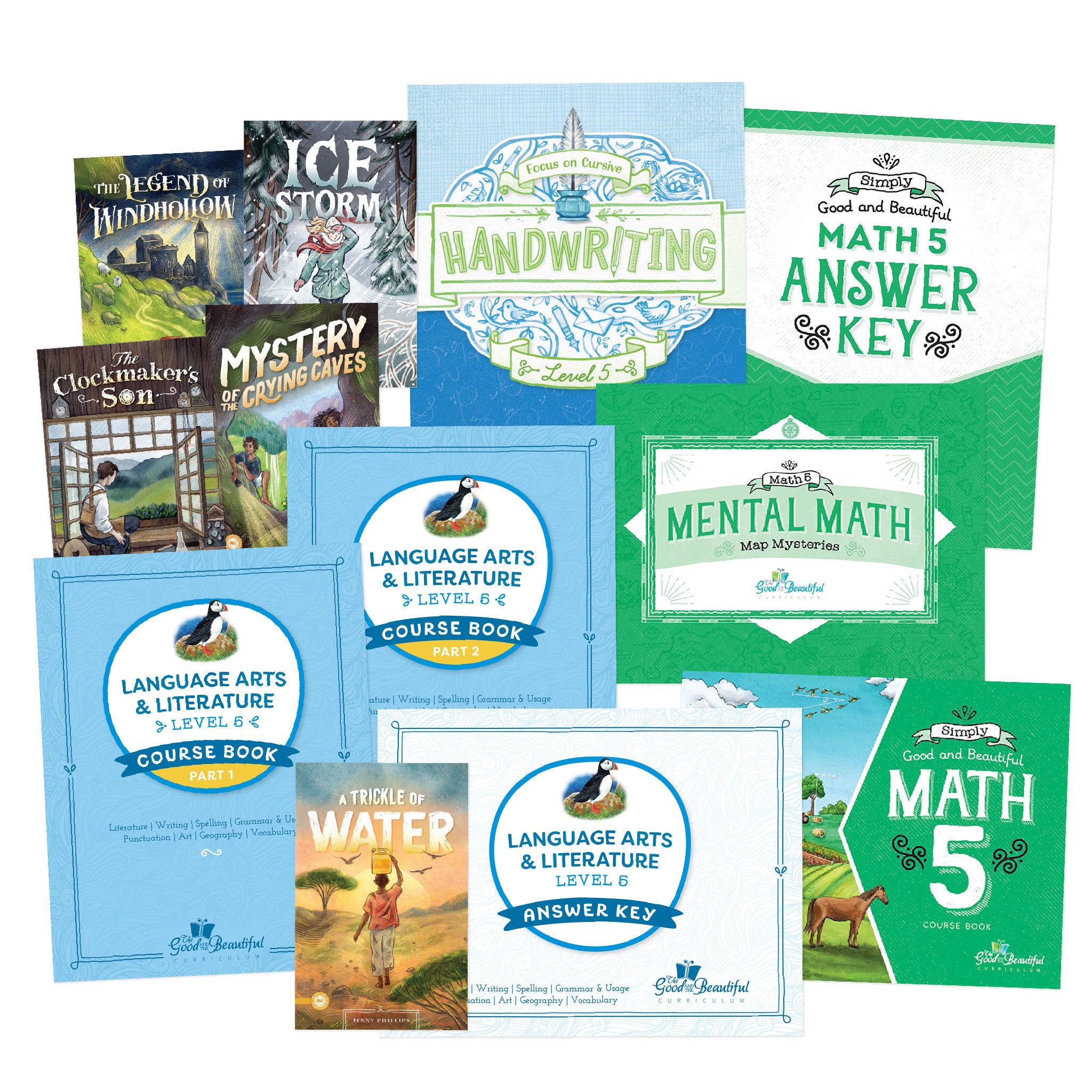 A collage of the level 5 Language Arts, Math and Handwriting course covers | The Good and the Beautiful