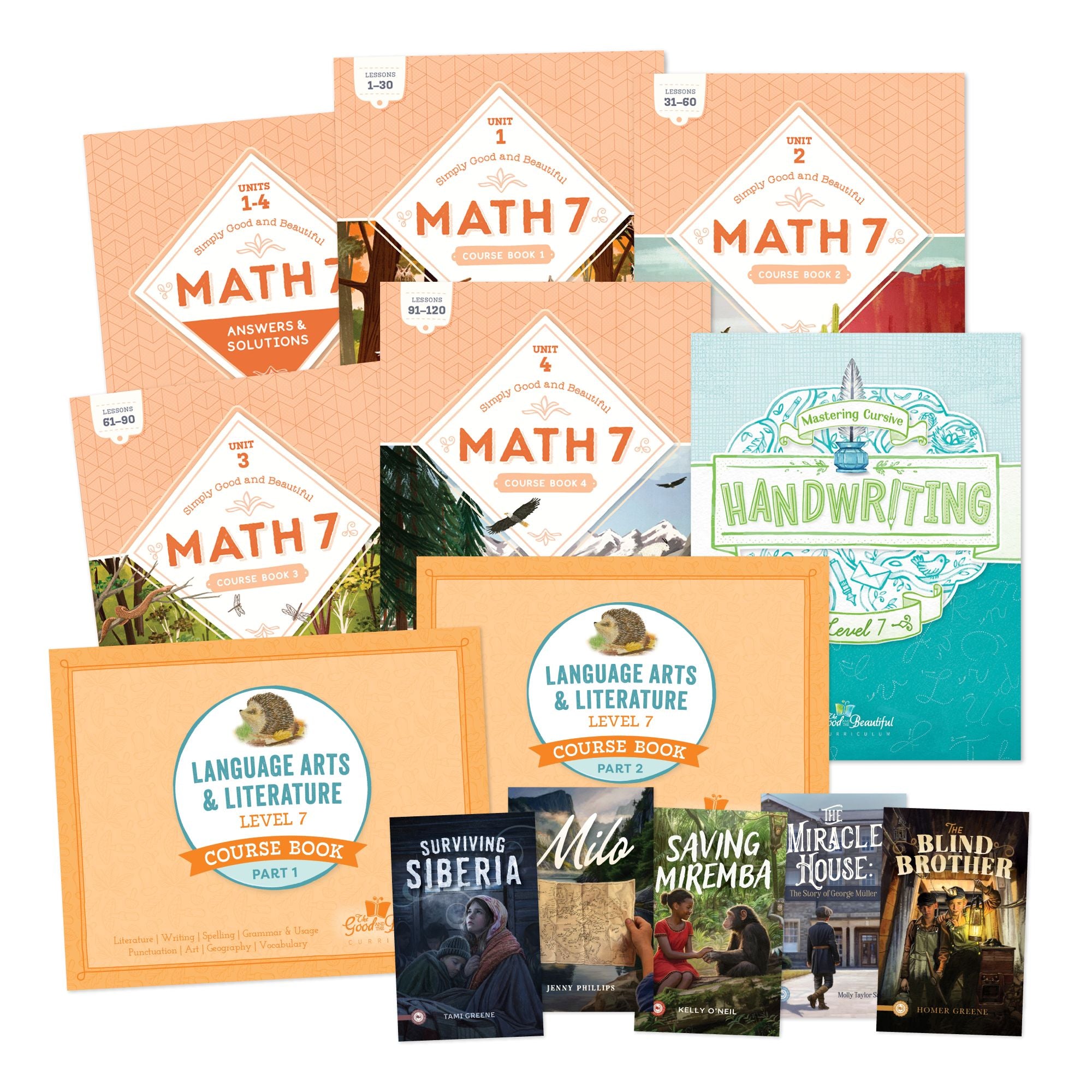 A collage of level 7 homeschool course materials | The Good and the Beautiful